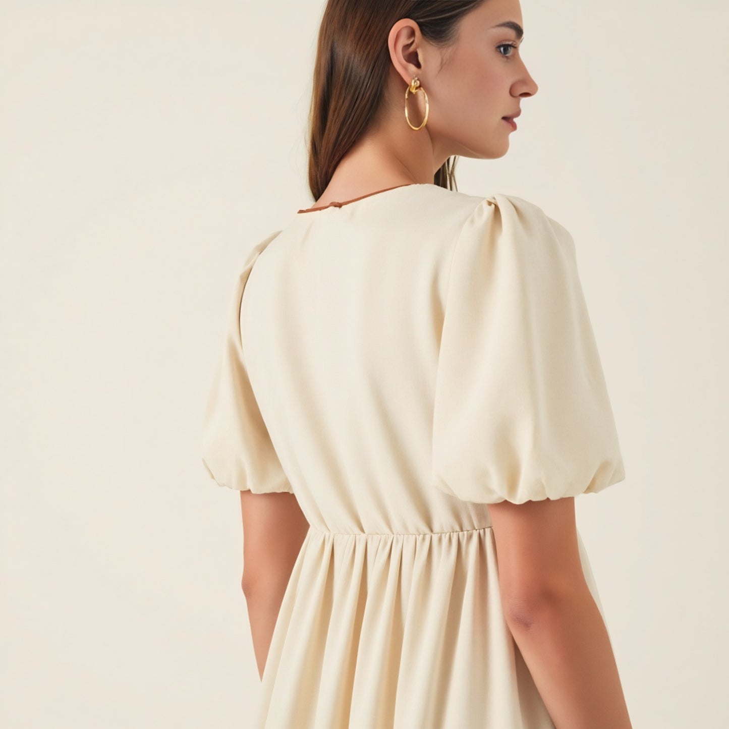 Midi Puff Sleeve Dress with Contrast Ties and Hemline Trim