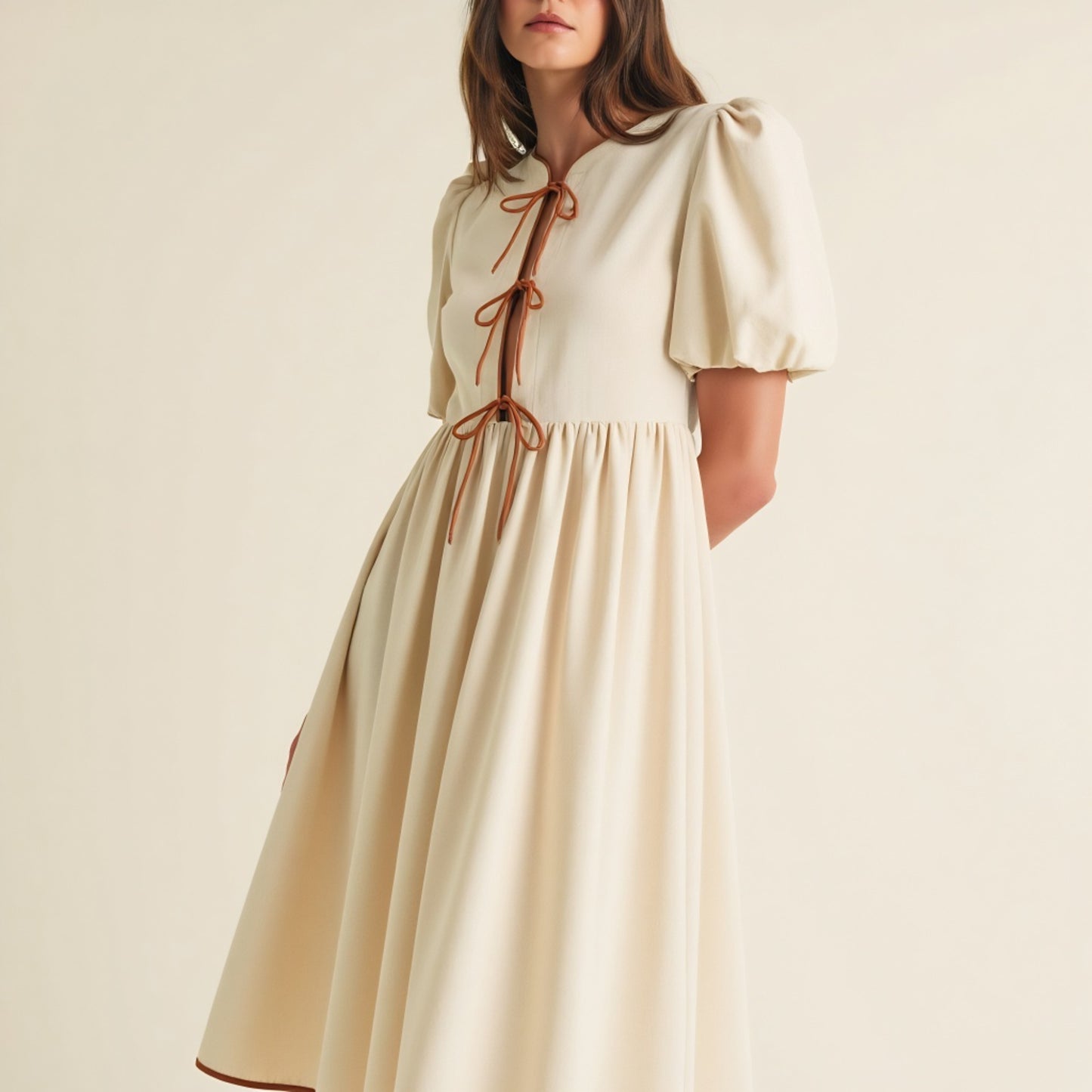 Midi Puff Sleeve Dress with Contrast Ties and Hemline Trim