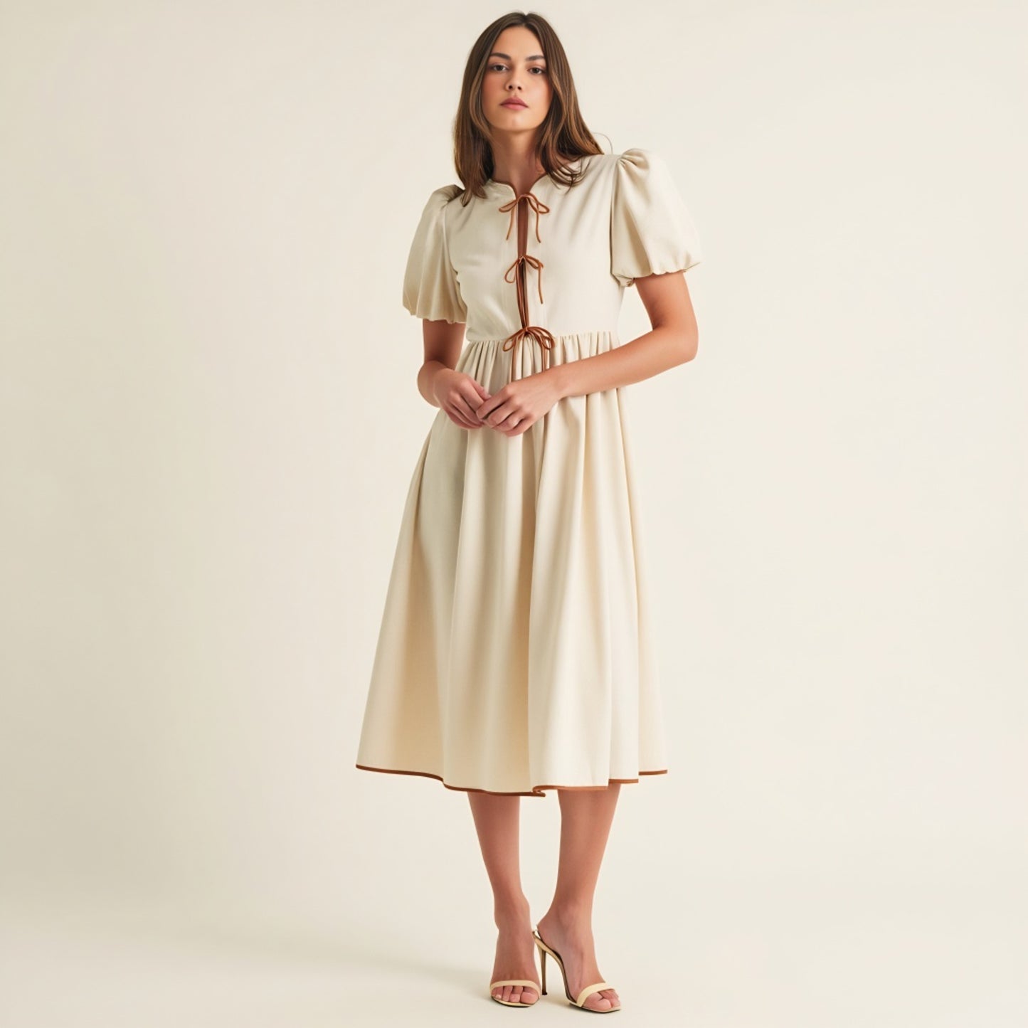 Midi Puff Sleeve Dress with Contrast Ties and Hemline Trim