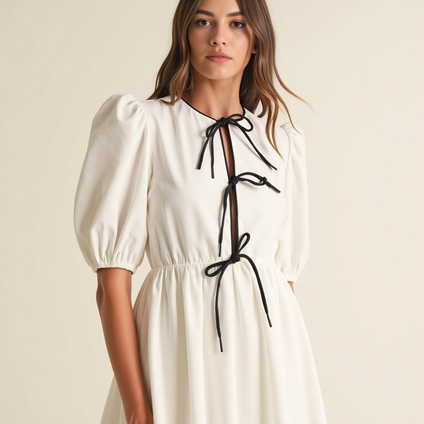 Puff Sleeve Midi Dress with Tiered Front Ties and Contrast Trim
