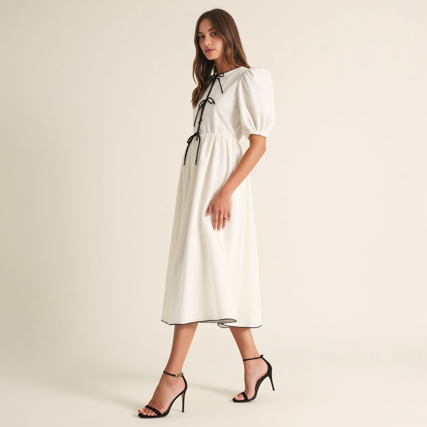 Puff Sleeve Midi Dress with Tiered Front Ties and Contrast Trim