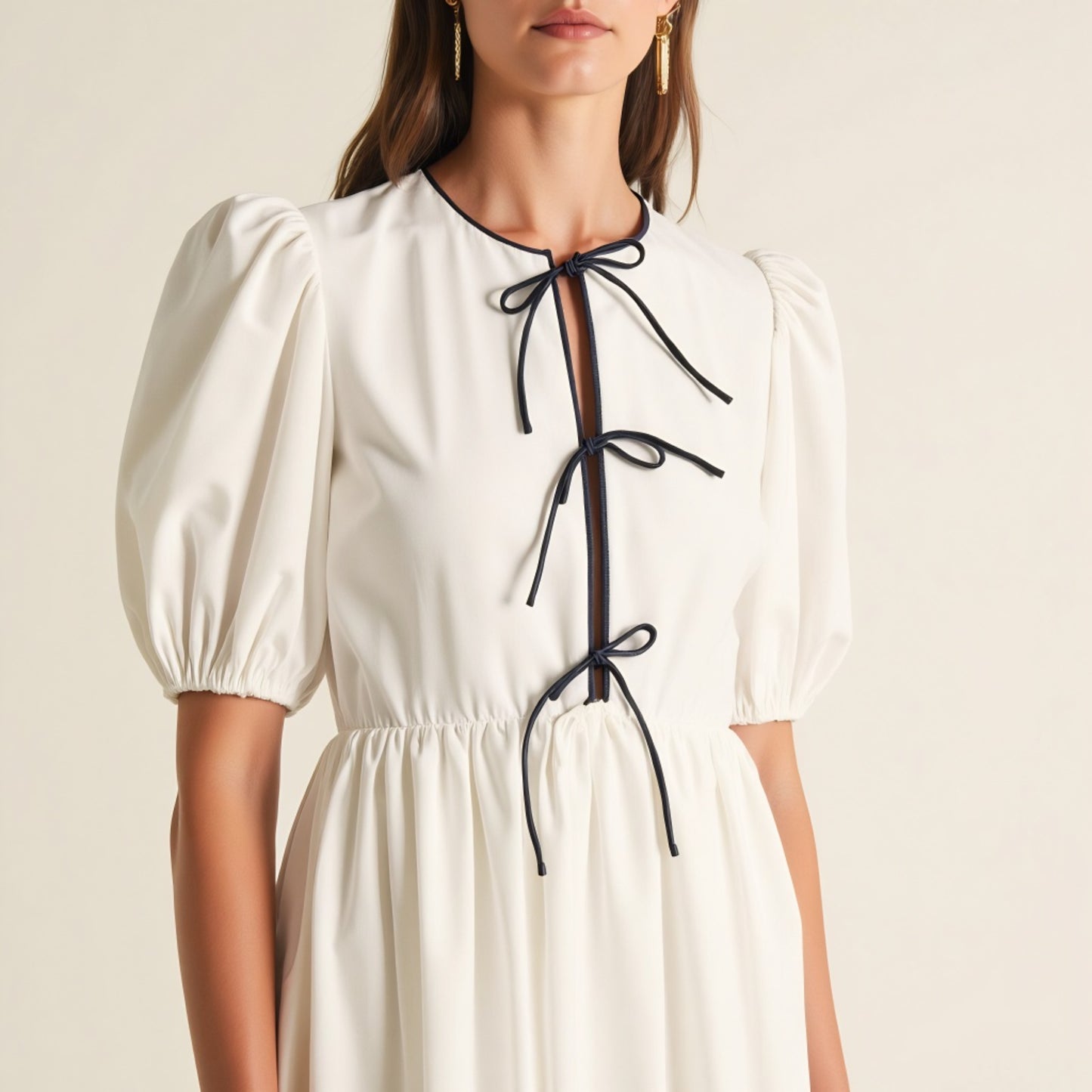 Puff Sleeve Midi Dress with Tiered Front Ties and Contrast Trim