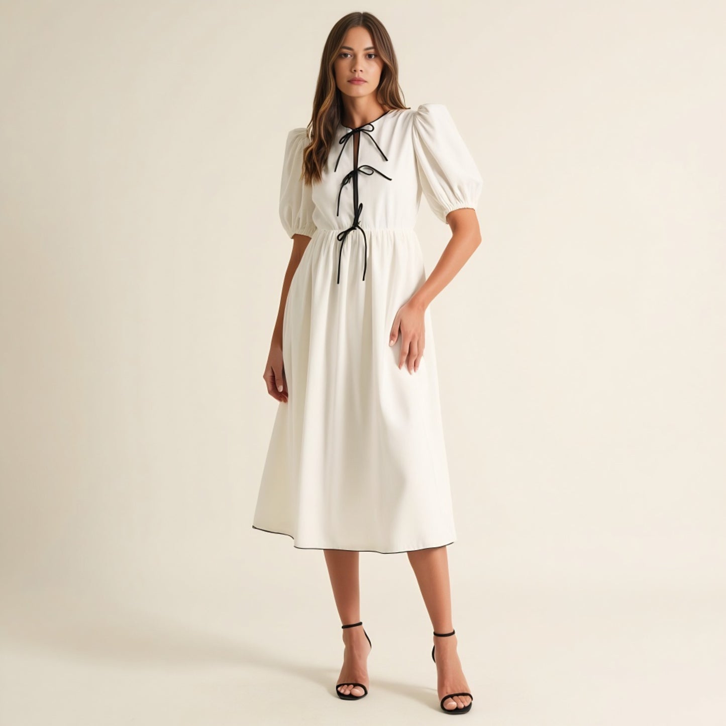 Puff Sleeve Midi Dress with Tiered Front Ties and Contrast Trim