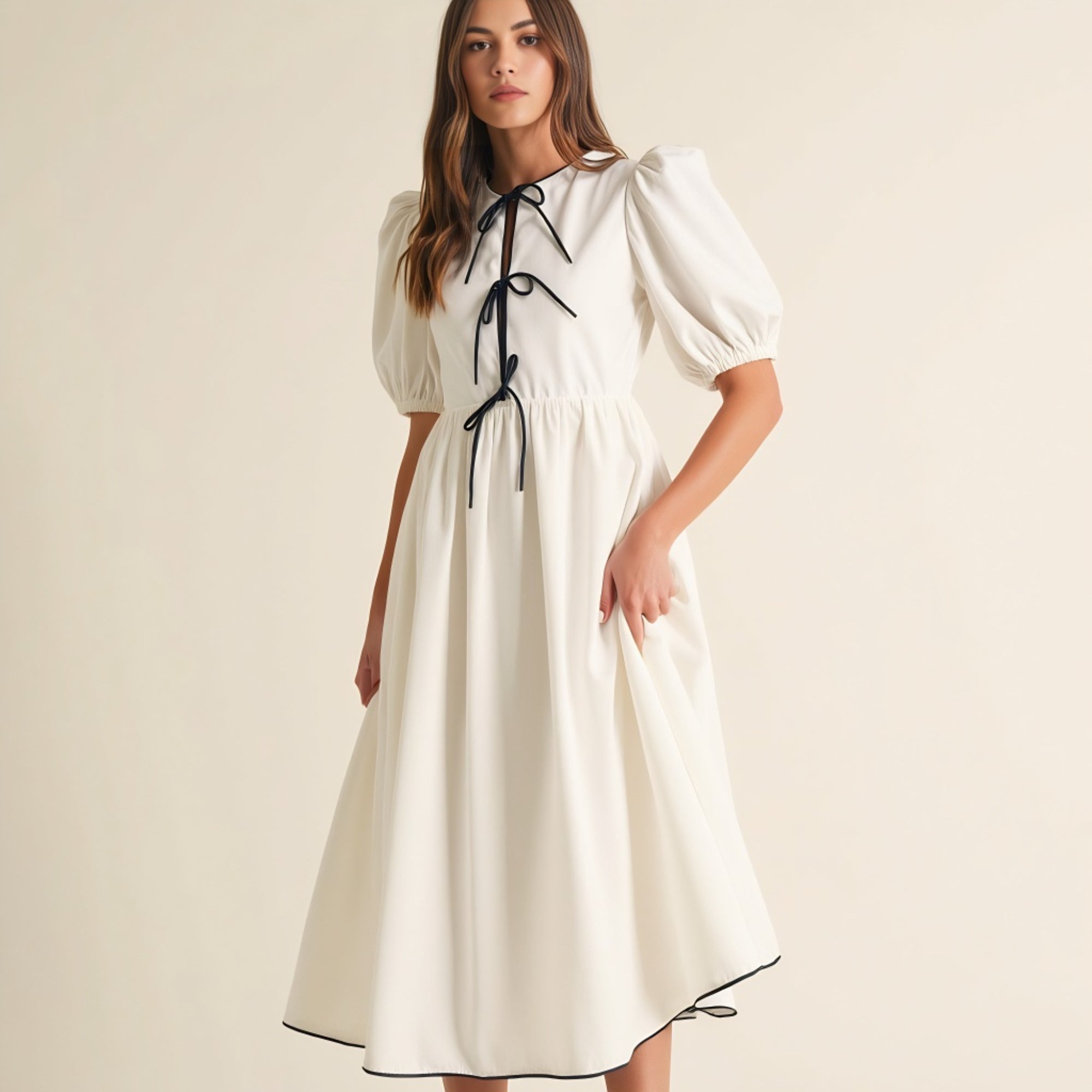 Front Tied Puff Sleeve Checkered Dress with Cut Out Detail main image 0