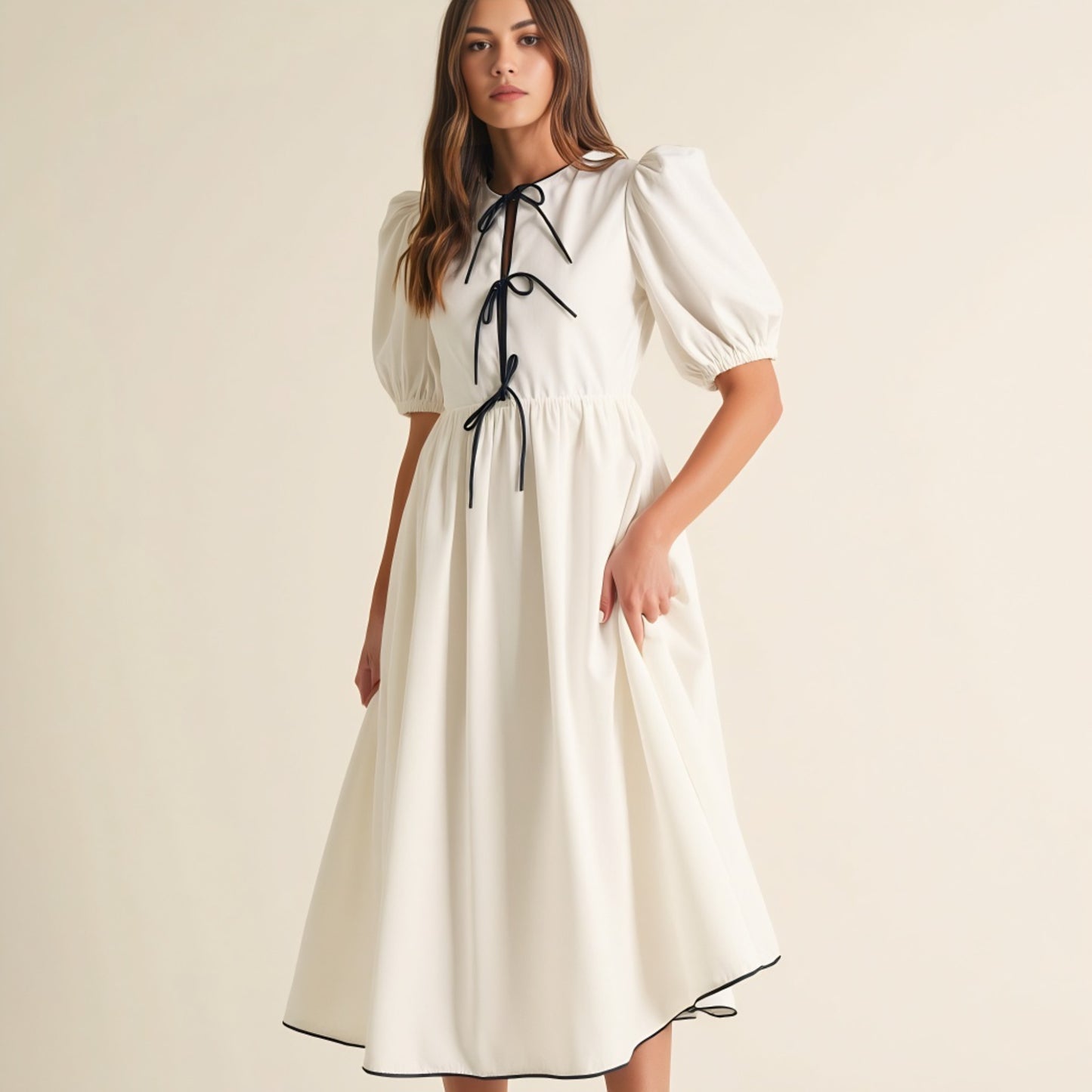 Puff Sleeve Midi Dress with Tiered Front Ties and Contrast Trim