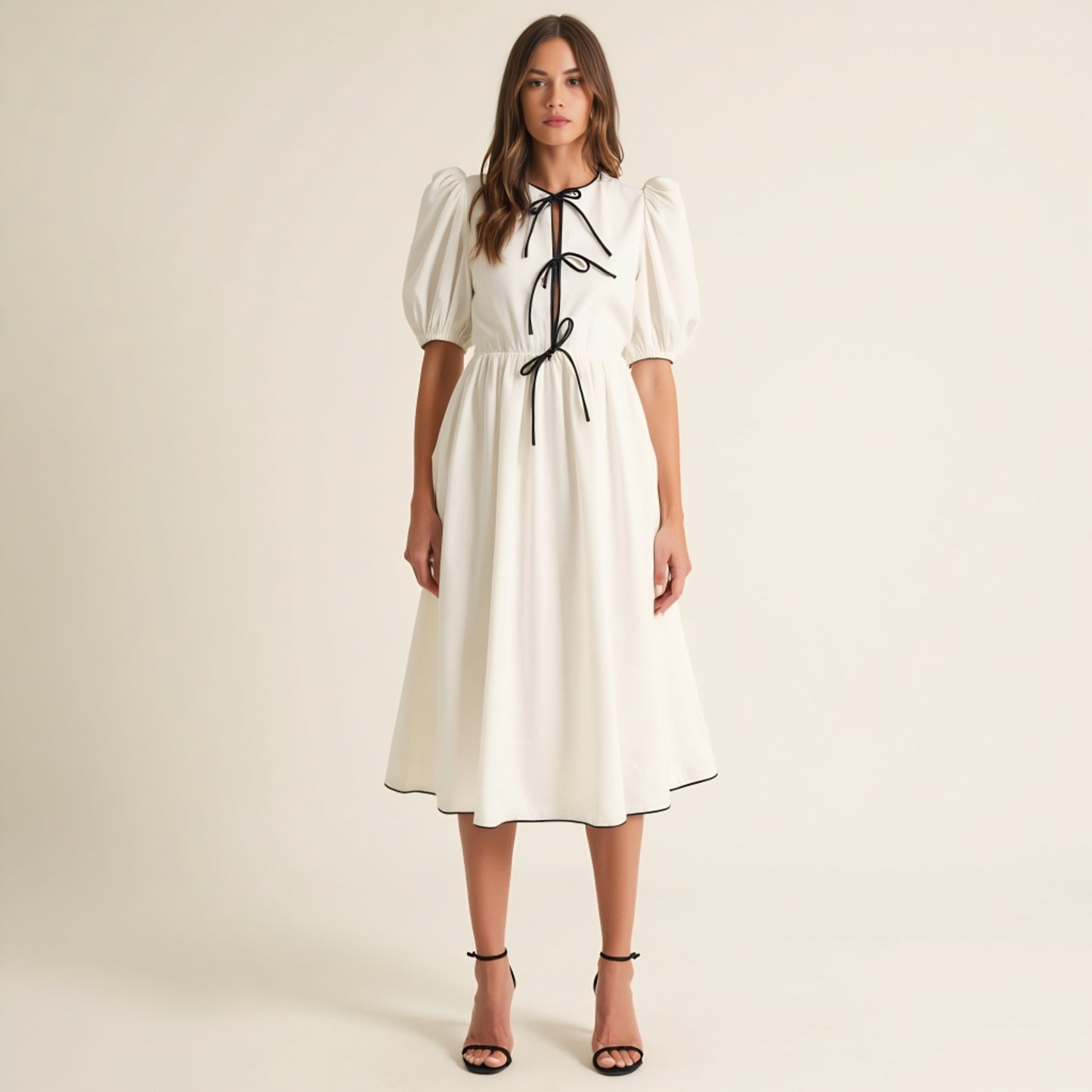 Puff Sleeve Midi Dress with Tiered Front Ties and Contrast Trim