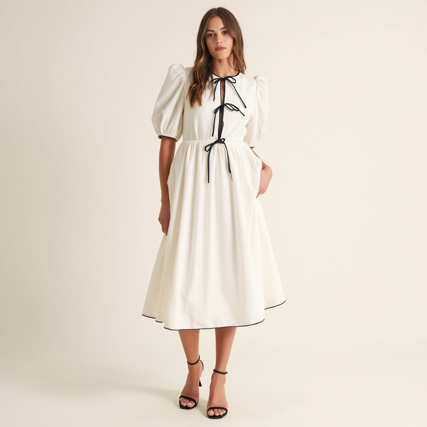 Puff Sleeve Midi Dress with Tiered Front Ties and Contrast Trim
