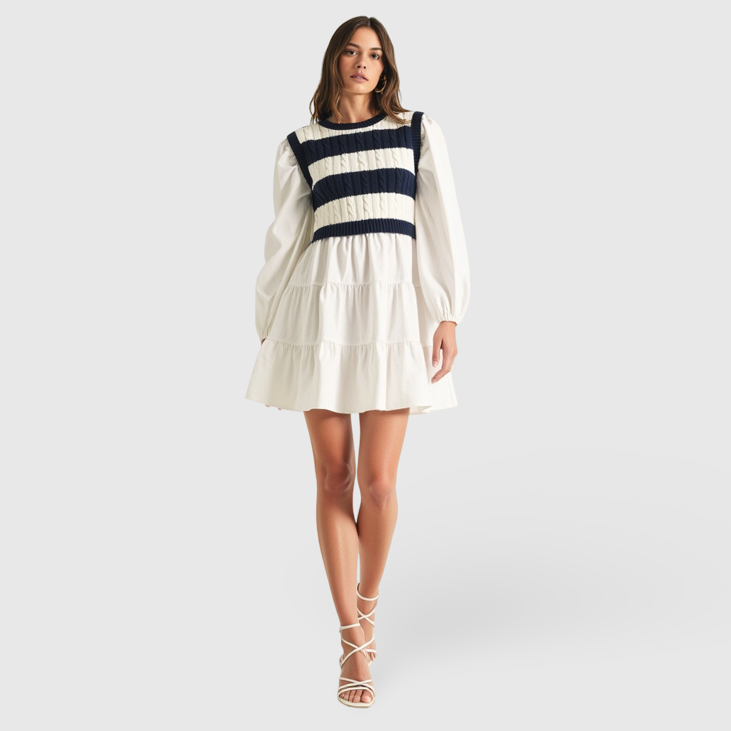 Tiered Long Sleeve Mini Dress with Striped Knit Sweater Overlay