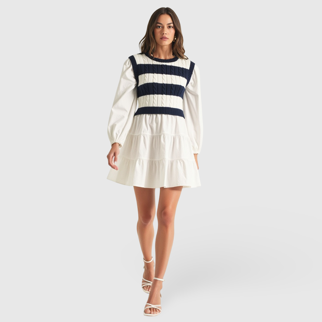 Tiered Long Sleeve Mini Dress with Striped Knit Sweater Overlay