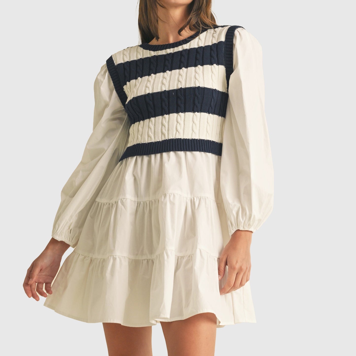Tiered Long Sleeve Mini Dress with Striped Knit Sweater Overlay