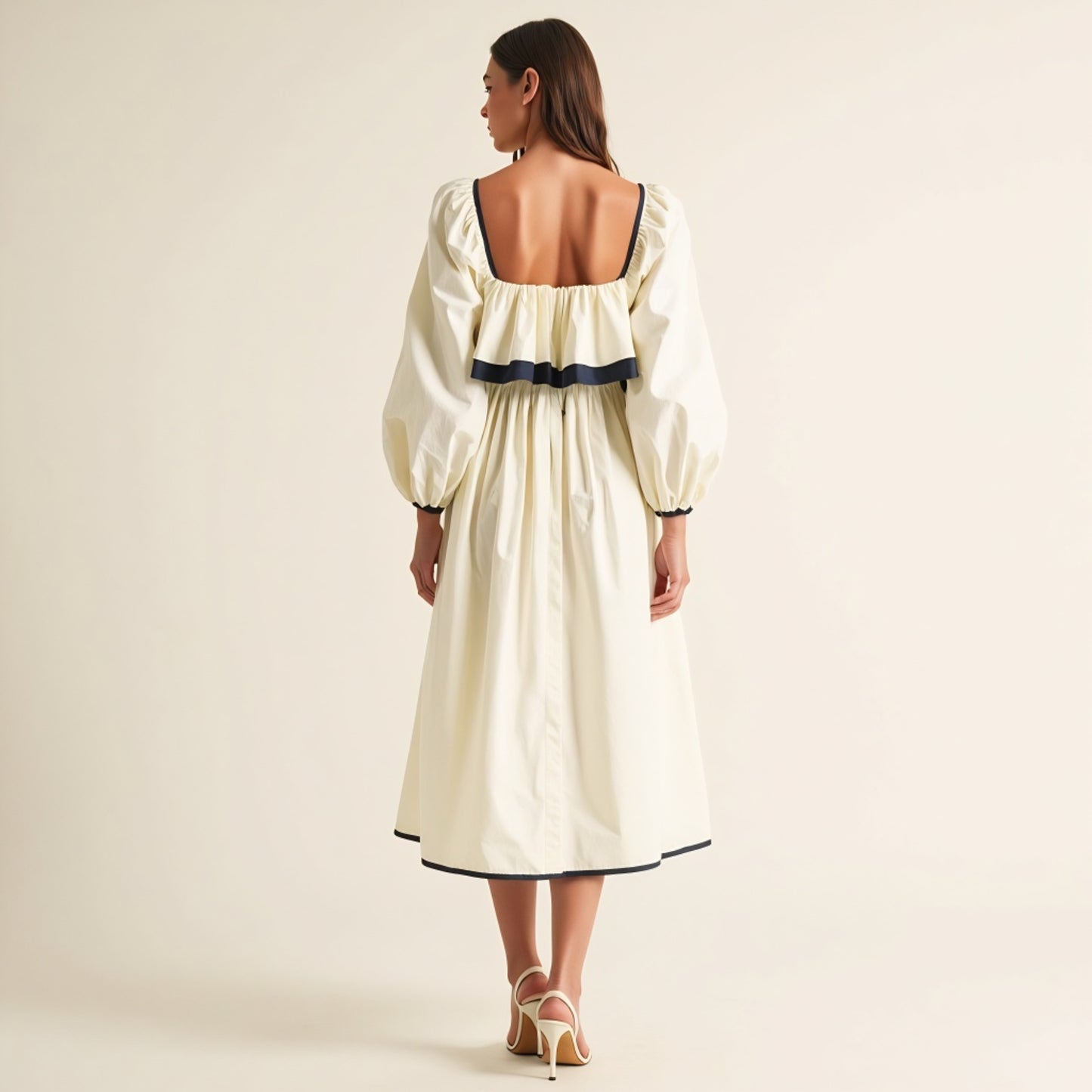 Long Sleeve Ruffle Trim Midi Dress with Tie Front Detail