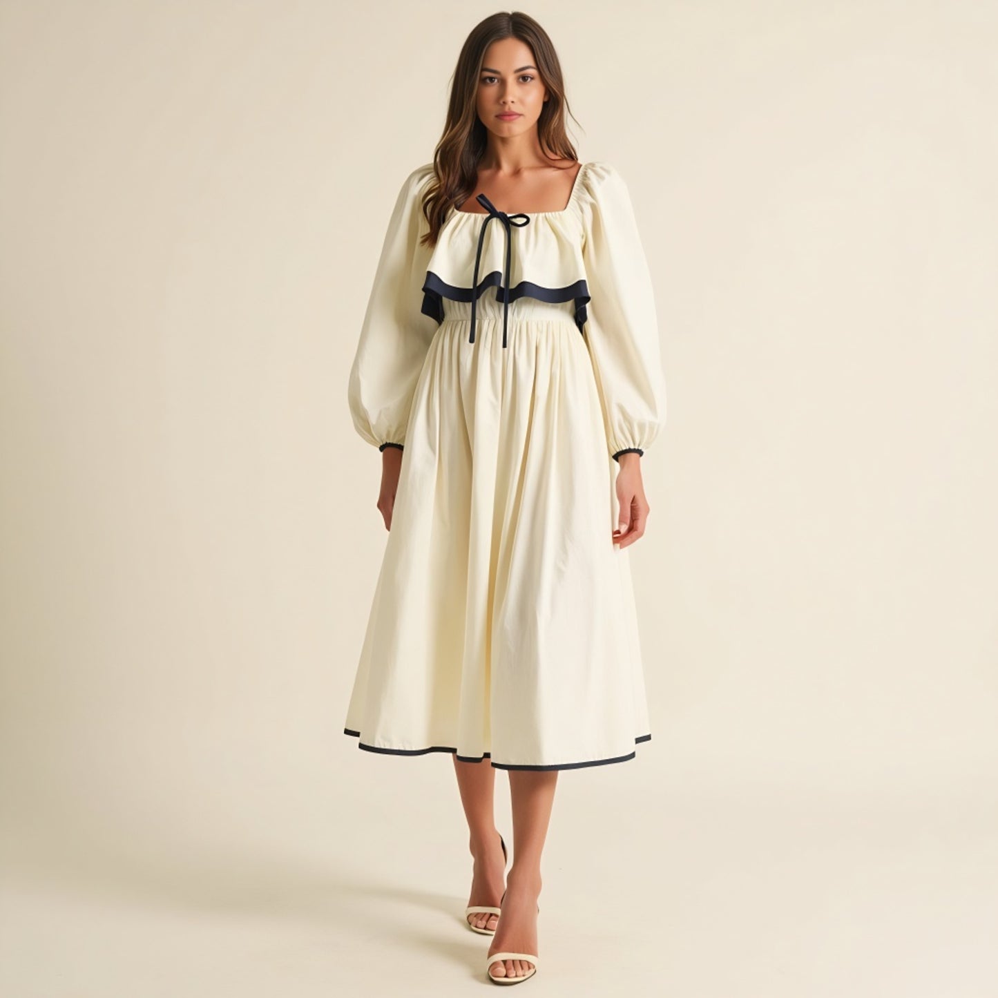 Long Sleeve Ruffle Trim Midi Dress with Tie Front Detail