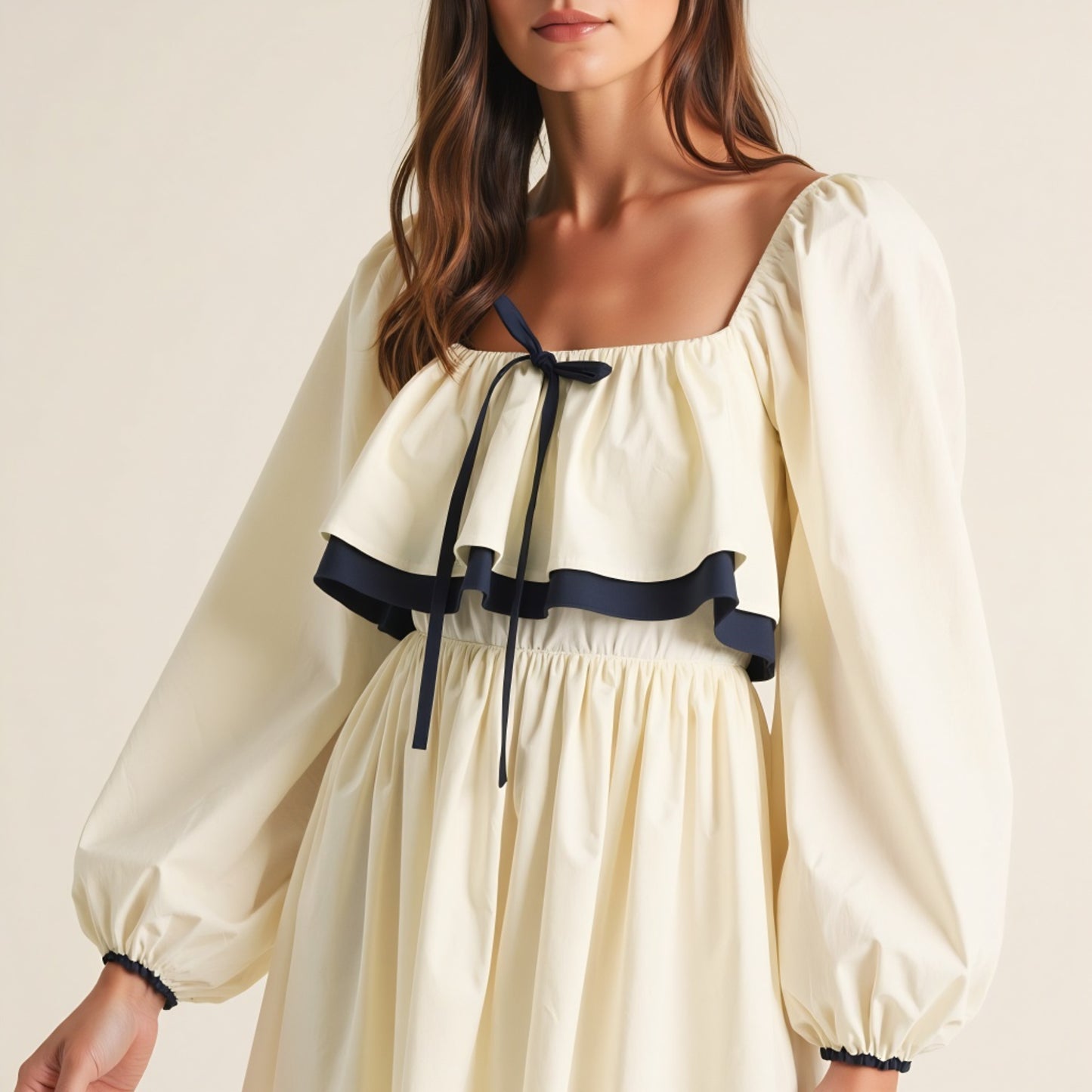 Long Sleeve Ruffle Trim Midi Dress with Tie Front Detail