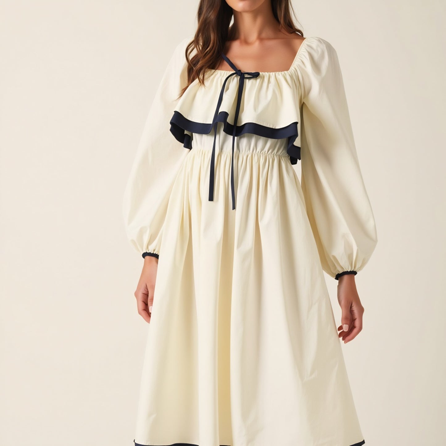 Long Sleeve Ruffle Trim Midi Dress with Tie Front Detail