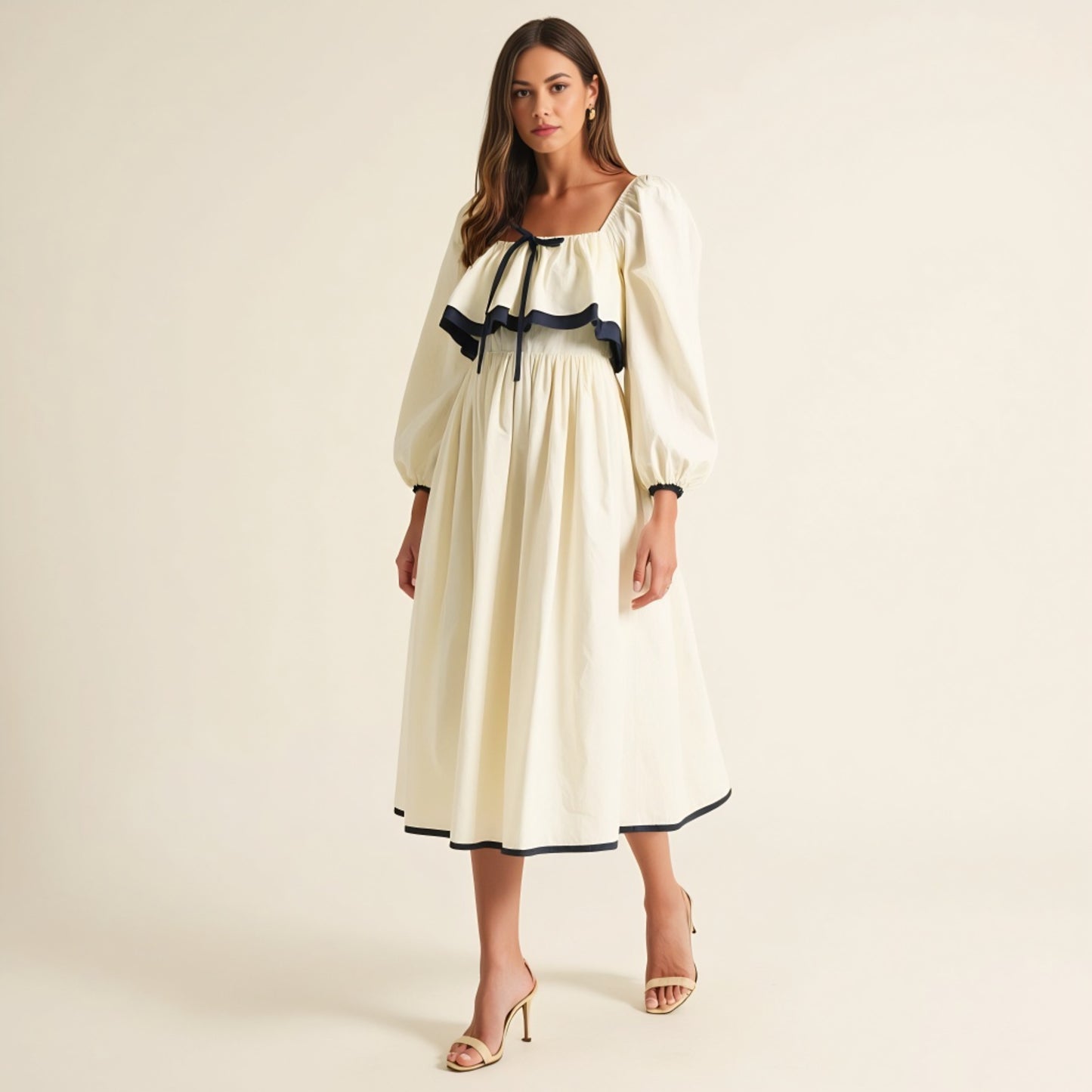 Long Sleeve Ruffle Trim Midi Dress with Tie Front Detail
