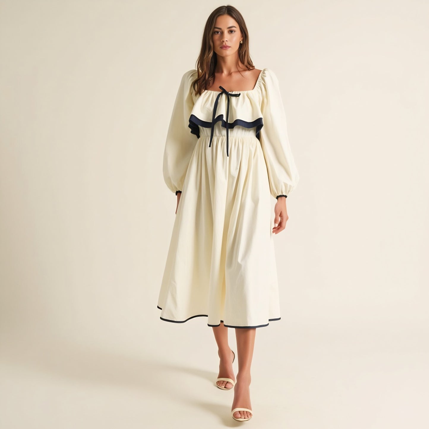 Long Sleeve Ruffle Trim Midi Dress with Tie Front Detail