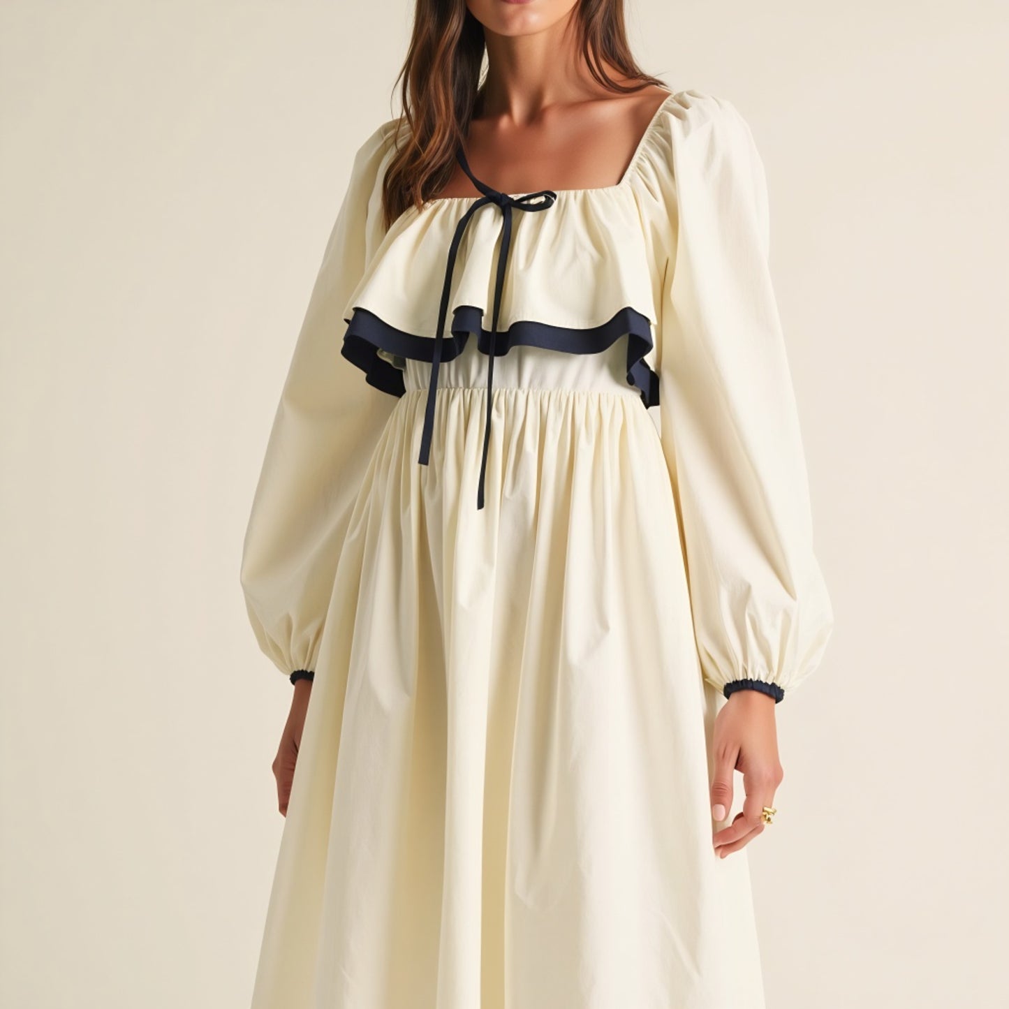 Long Sleeve Ruffle Trim Midi Dress with Tie Front Detail