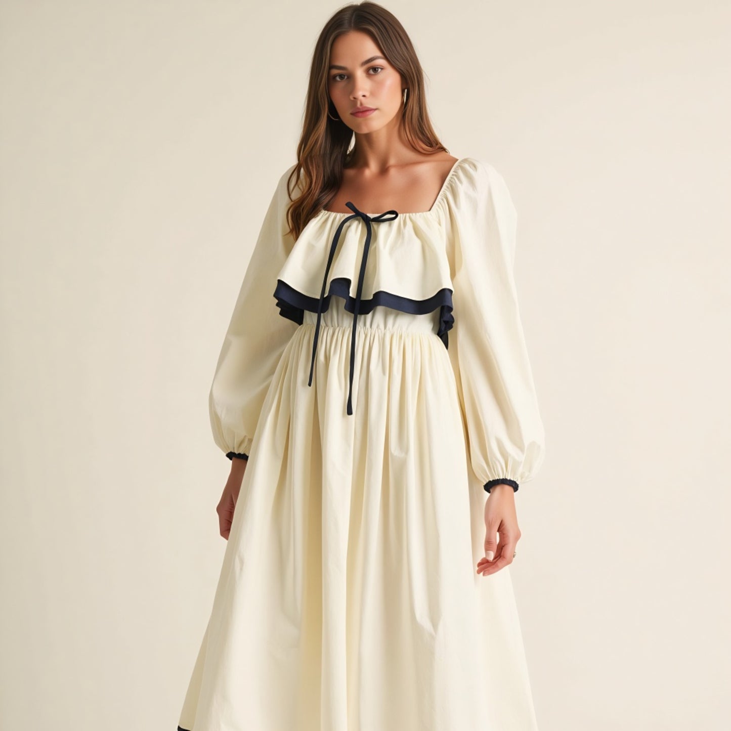 Long Sleeve Ruffle Trim Midi Dress with Tie Front Detail