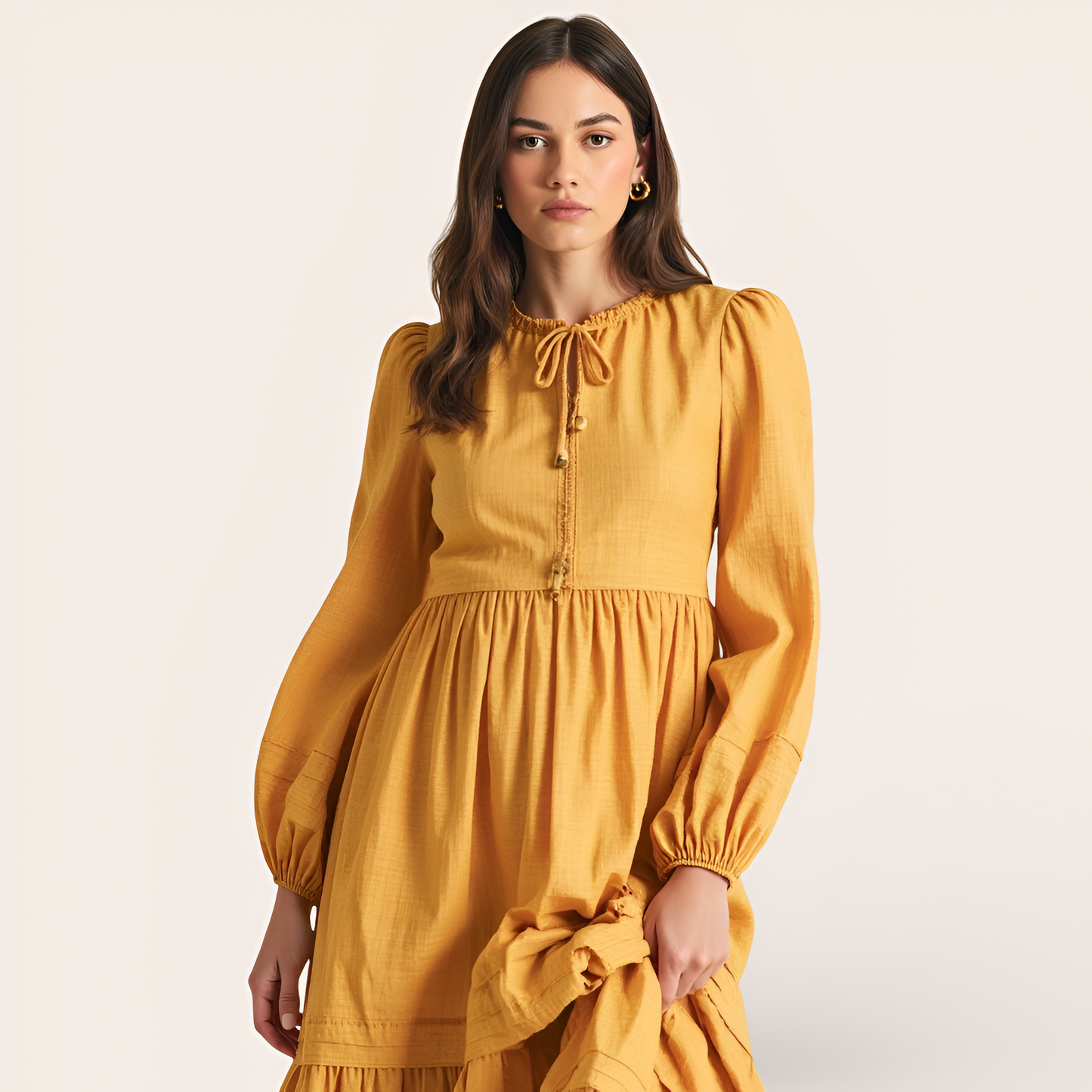 Midi Dress with Shirred Neckline, Tie Front Detail, Long Sleeves, and Tiered Hem