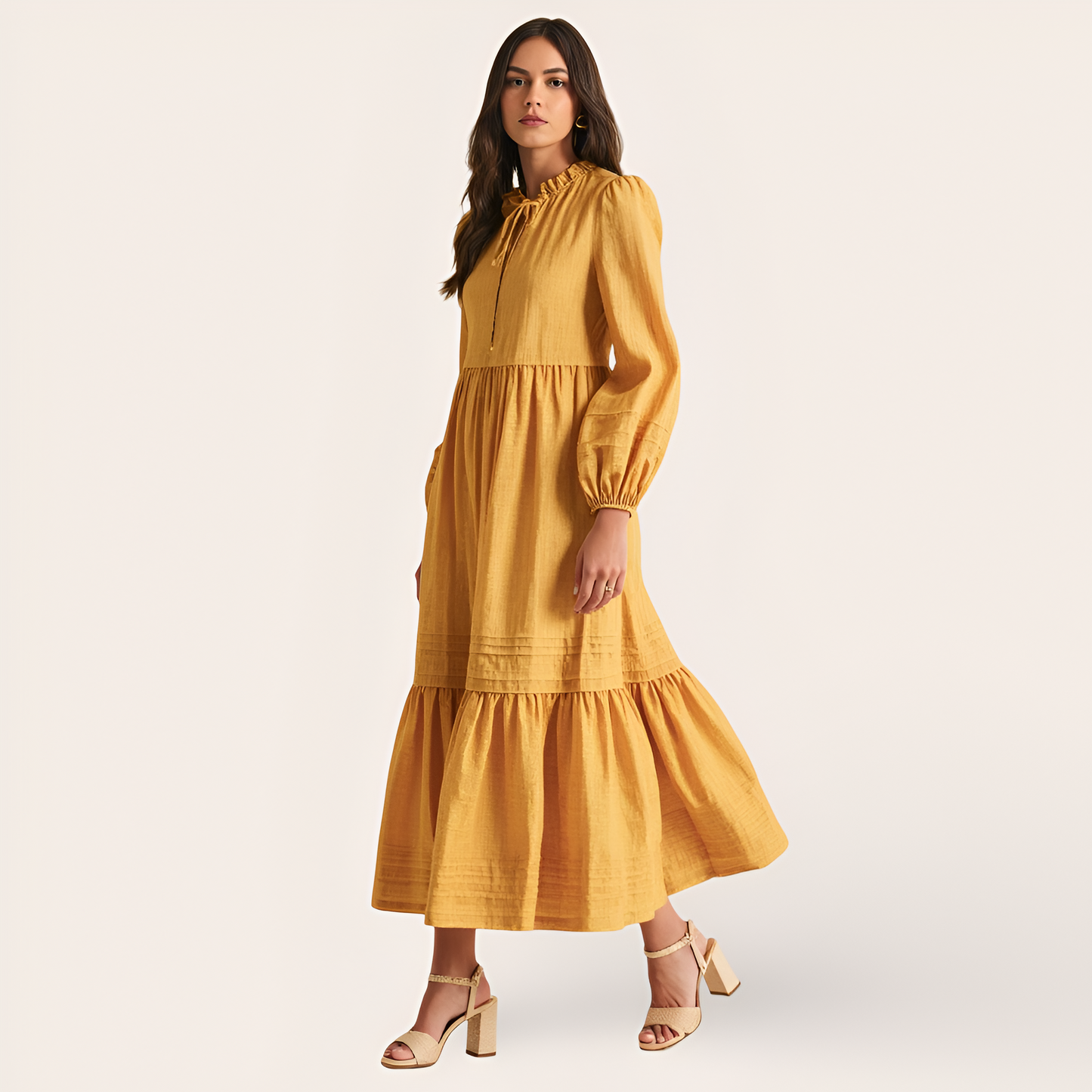 Midi Dress with Shirred Neckline, Tie Front Detail, Long Sleeves, and Tiered Hem