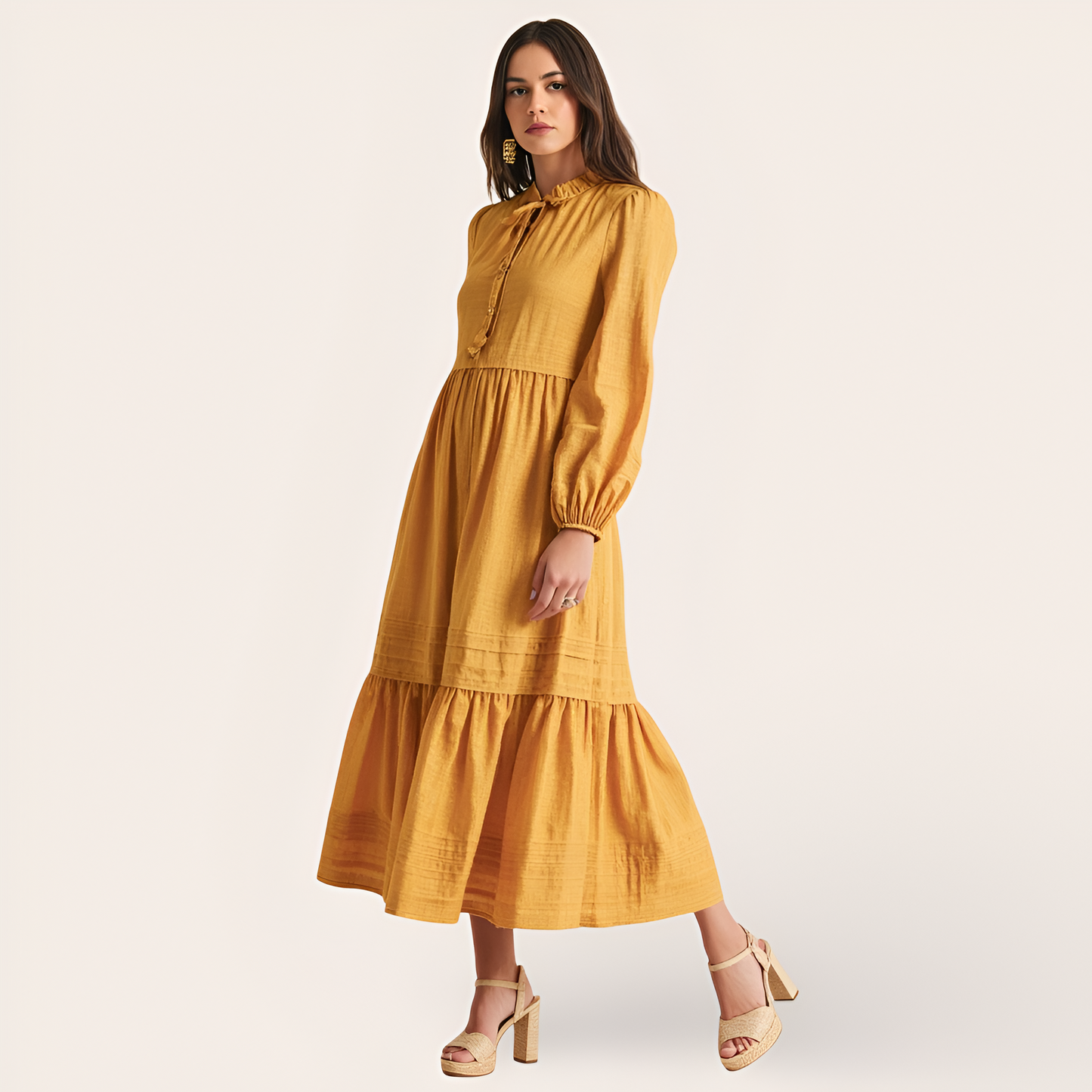 Midi Dress with Shirred Neckline, Tie Front Detail, Long Sleeves, and Tiered Hem