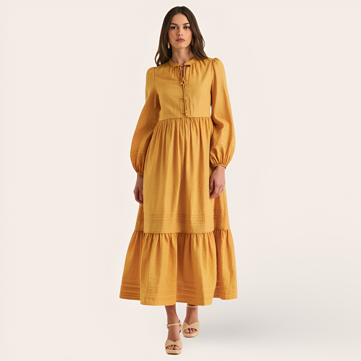 Midi Dress with Shirred Neckline, Tie Front Detail, Long Sleeves, and Tiered Hem