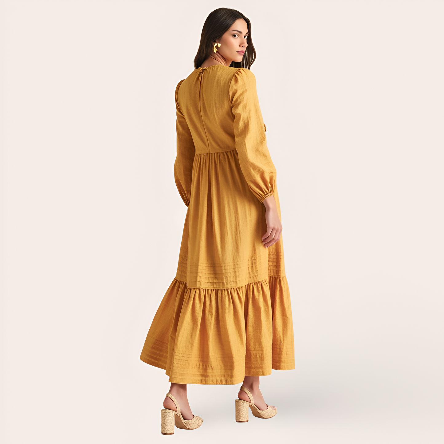Midi Dress with Shirred Neckline, Tie Front Detail, Long Sleeves, and Tiered Hem