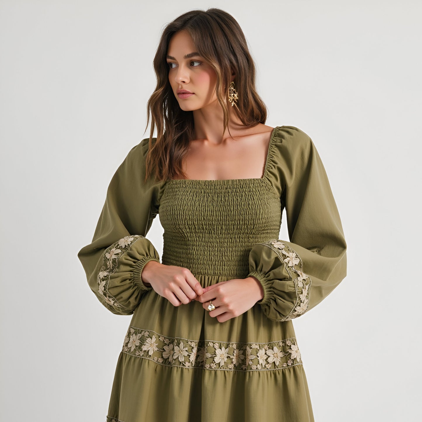 Smocked Bodice Maxi Dress with Lace Inset Tiers and Long Puff Sleeves