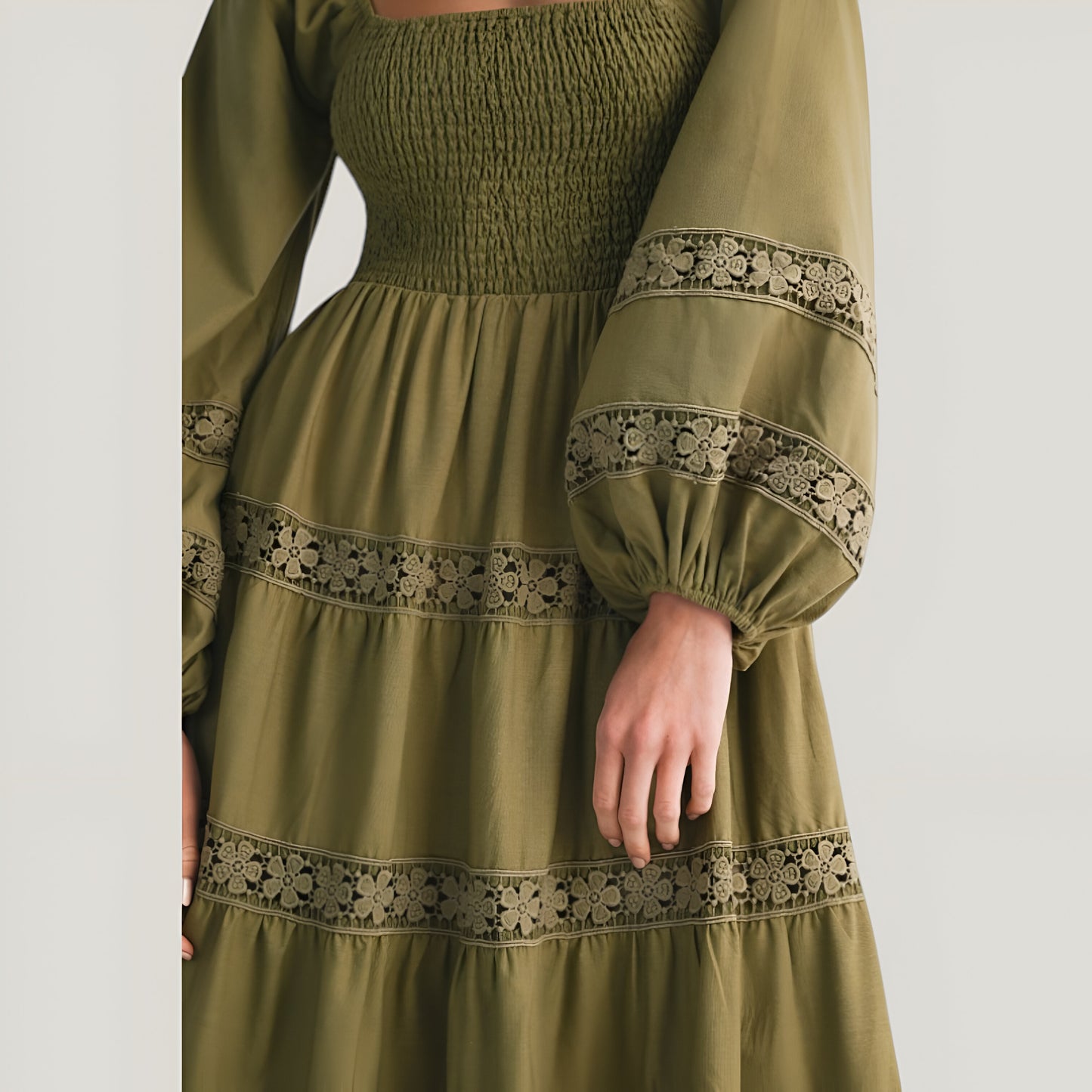 Smocked Bodice Maxi Dress with Lace Inset Tiers and Long Puff Sleeves