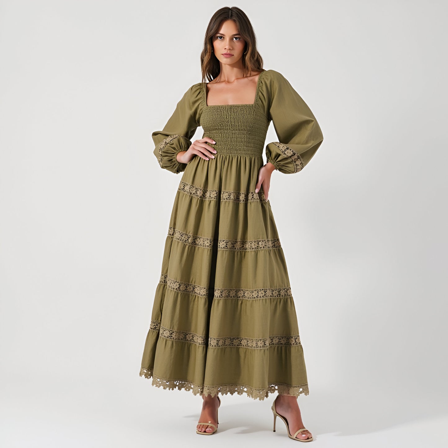 Smocked Bodice Maxi Dress with Lace Inset Tiers and Long Puff Sleeves