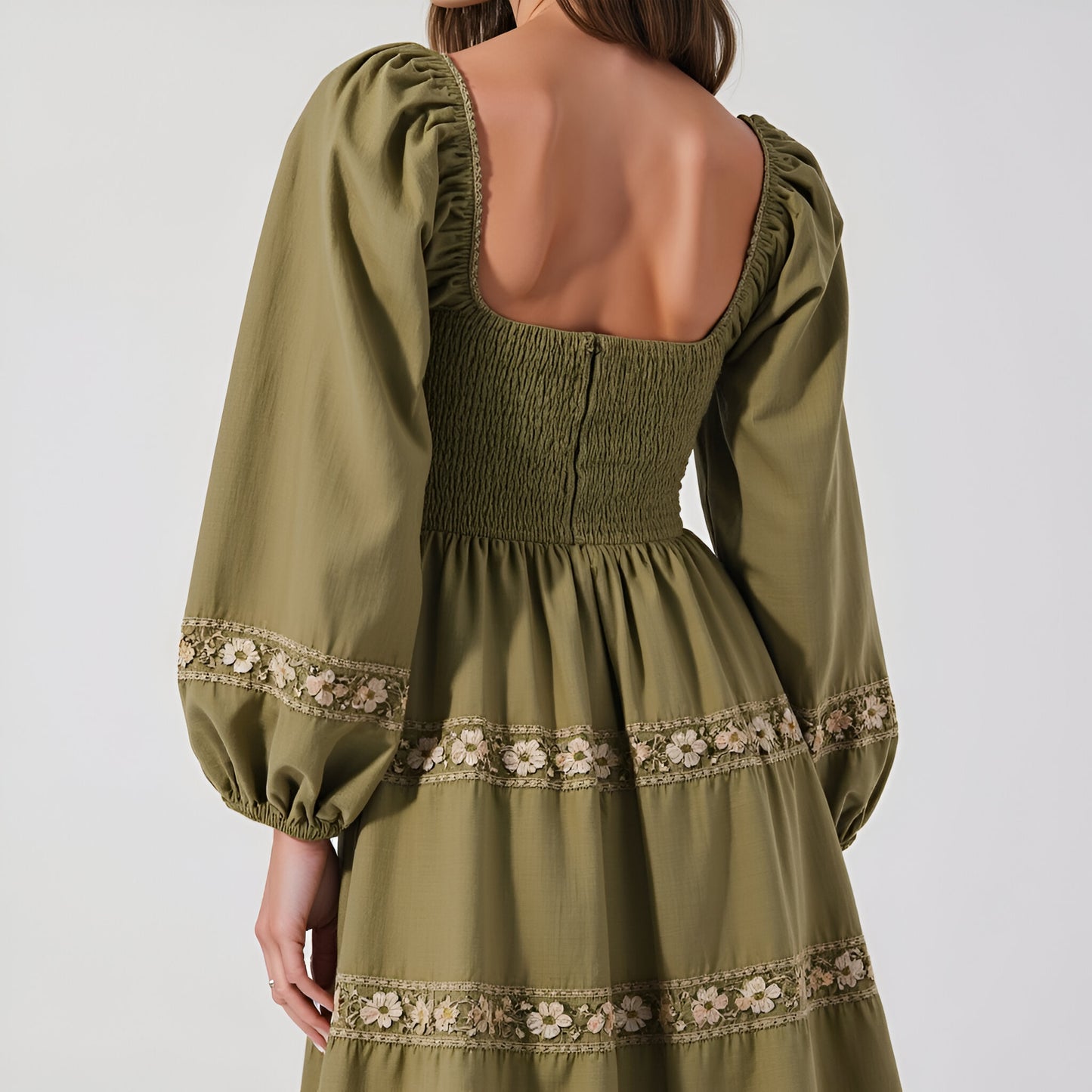 Smocked Bodice Maxi Dress with Lace Inset Tiers and Long Puff Sleeves