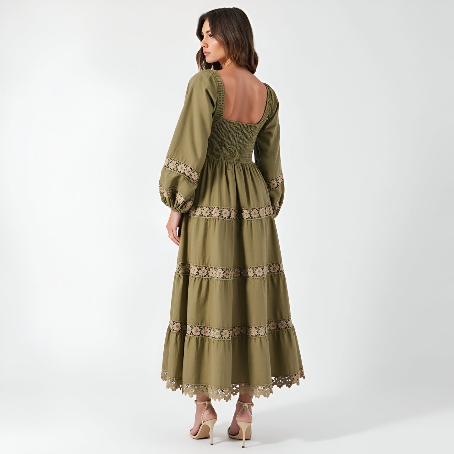 Smocked Bodice Maxi Dress with Lace Inset Tiers and Long Puff Sleeves