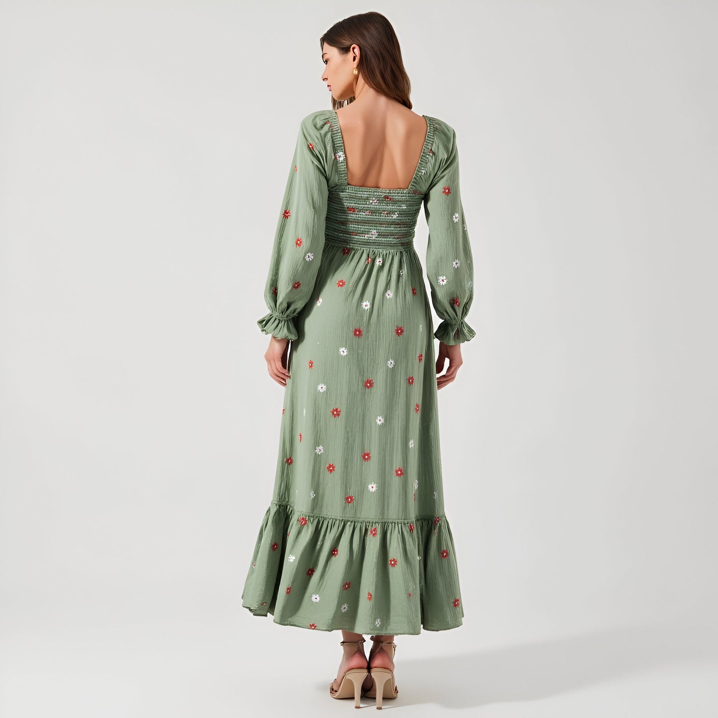 Floral-Embroidered Smocked Maxi Dress with Tiered Skirt and Open Back