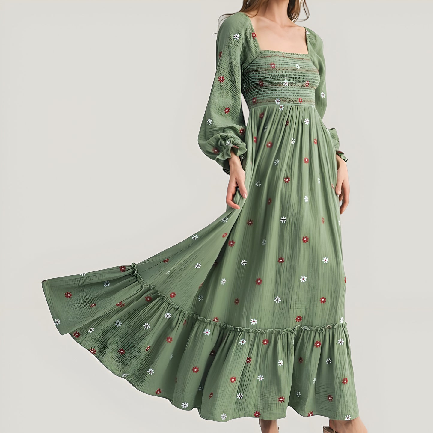 Floral-Embroidered Smocked Maxi Dress with Tiered Skirt and Open Back