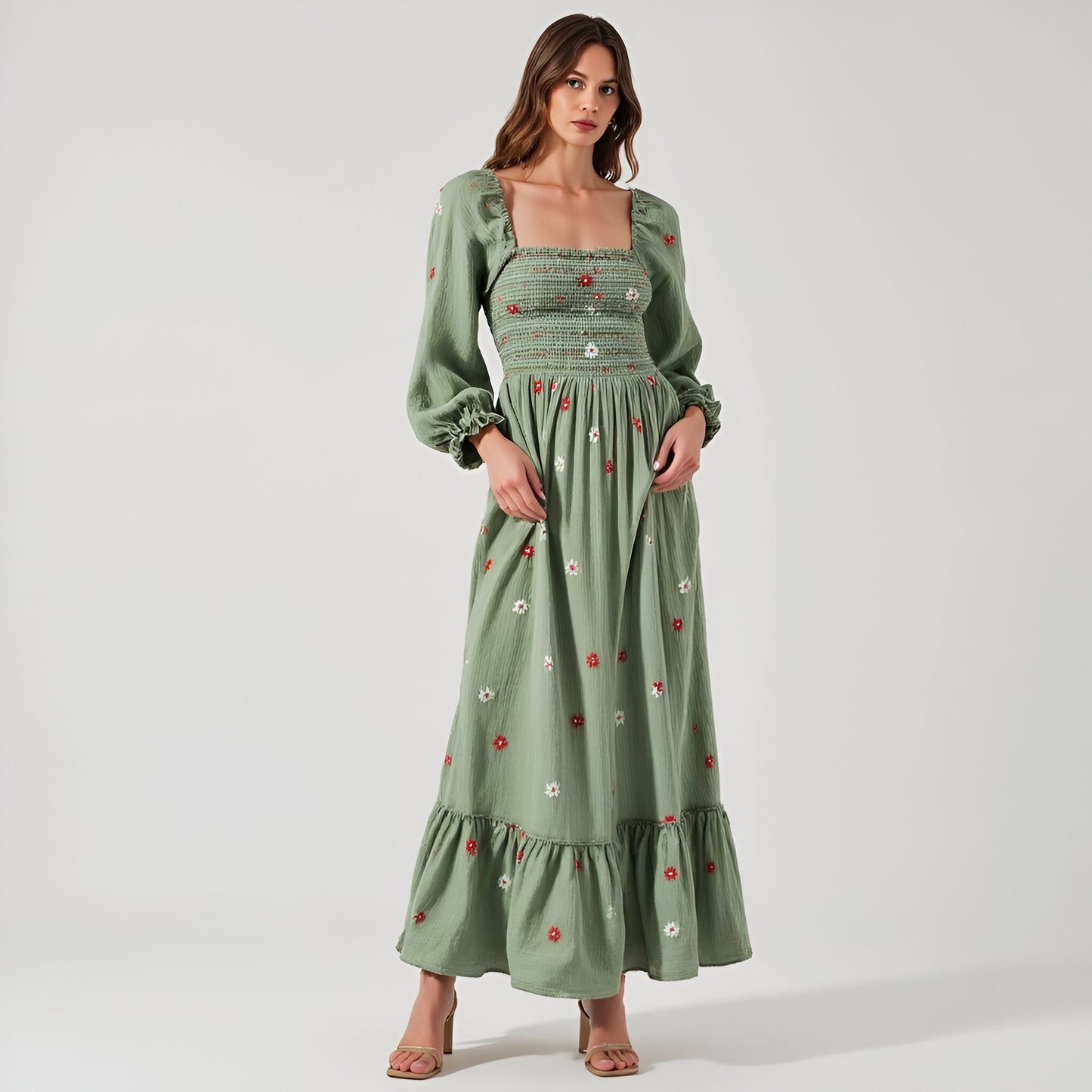 Floral-Embroidered Smocked Maxi Dress with Tiered Skirt and Open Back