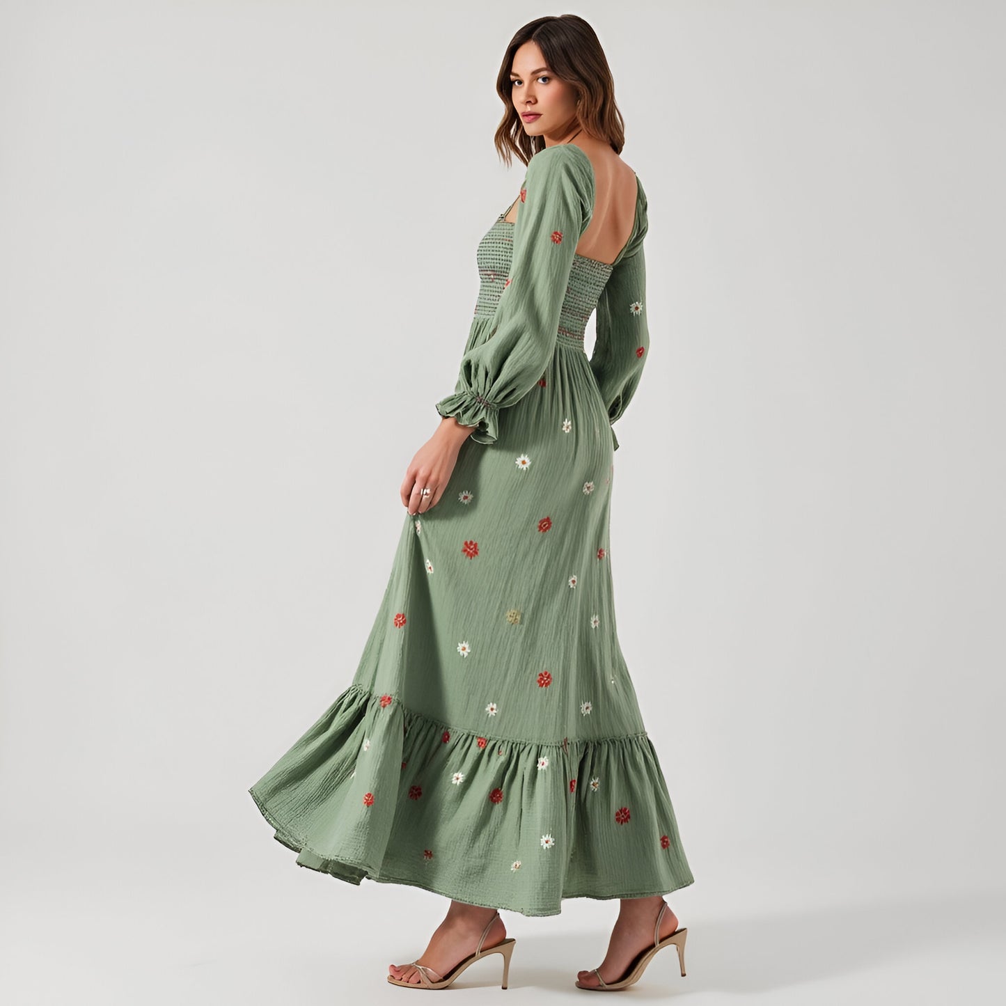 Floral-Embroidered Smocked Maxi Dress with Tiered Skirt and Open Back