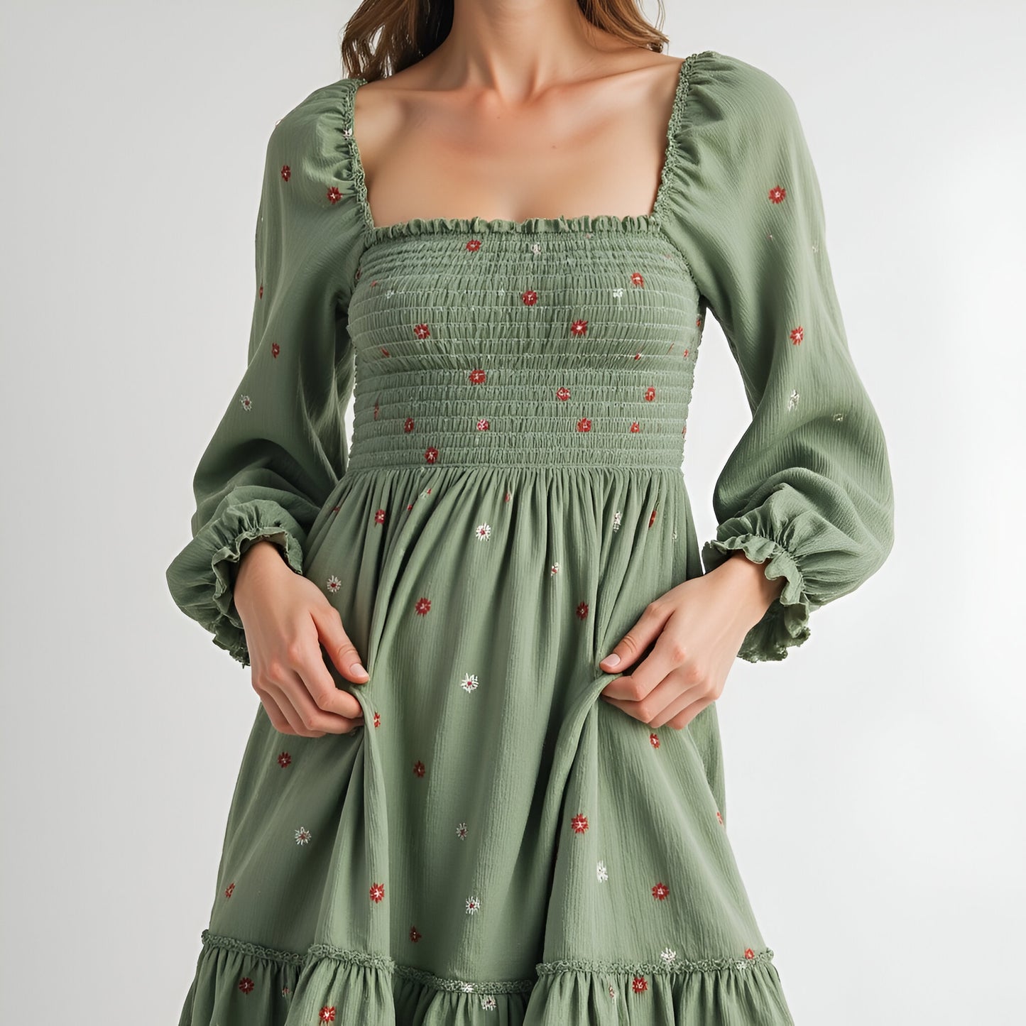 Floral-Embroidered Smocked Maxi Dress with Tiered Skirt and Open Back