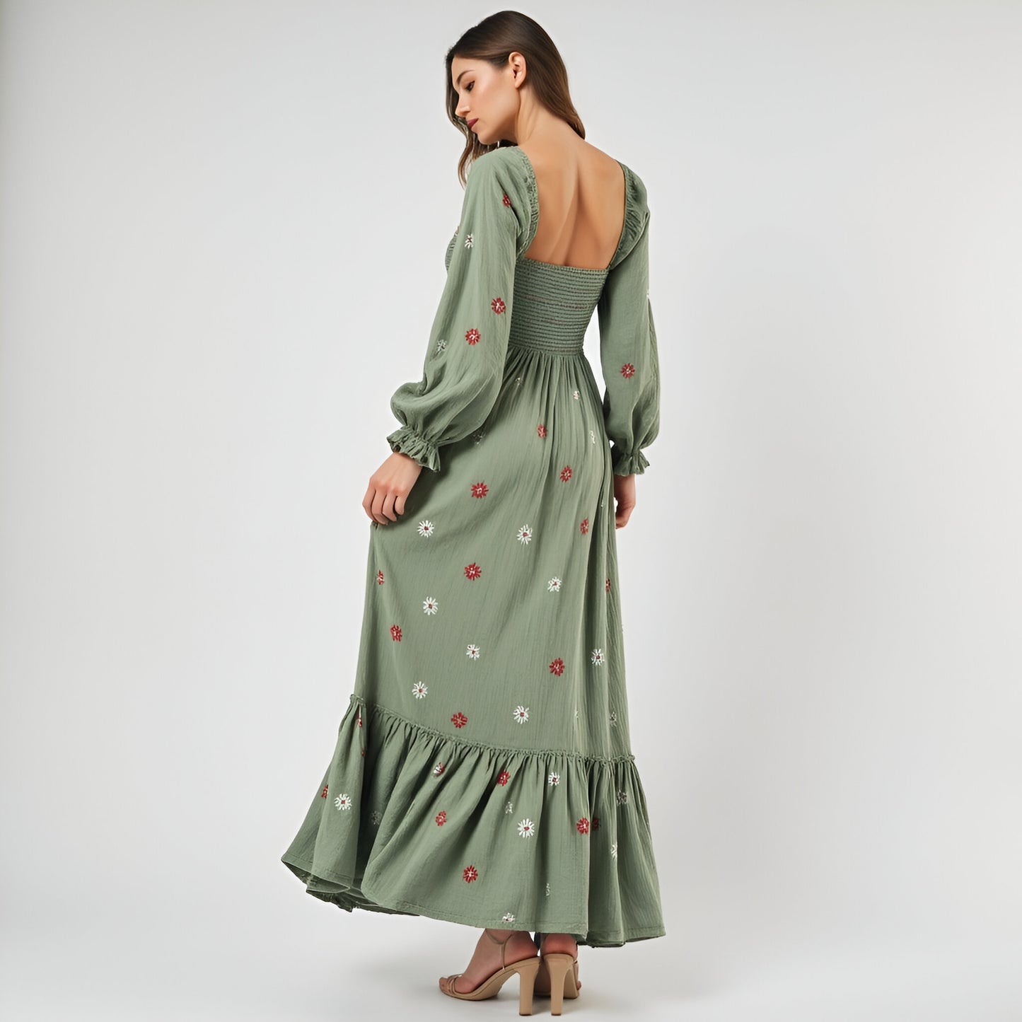 Floral-Embroidered Smocked Maxi Dress with Tiered Skirt and Open Back
