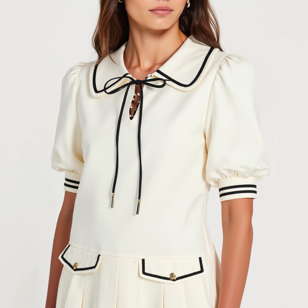 Long-Sleeve Pleated Mini Dress with Contrast Collar and Bow Tie