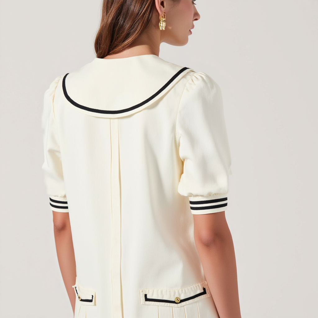 Long-Sleeve Pleated Mini Dress with Contrast Collar and Bow Tie