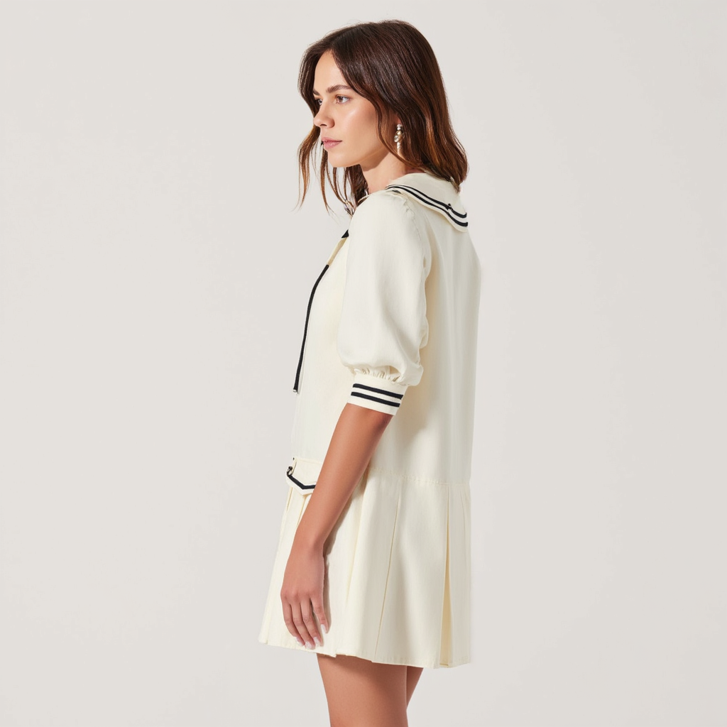 Long-Sleeve Pleated Mini Dress with Contrast Collar and Bow Tie