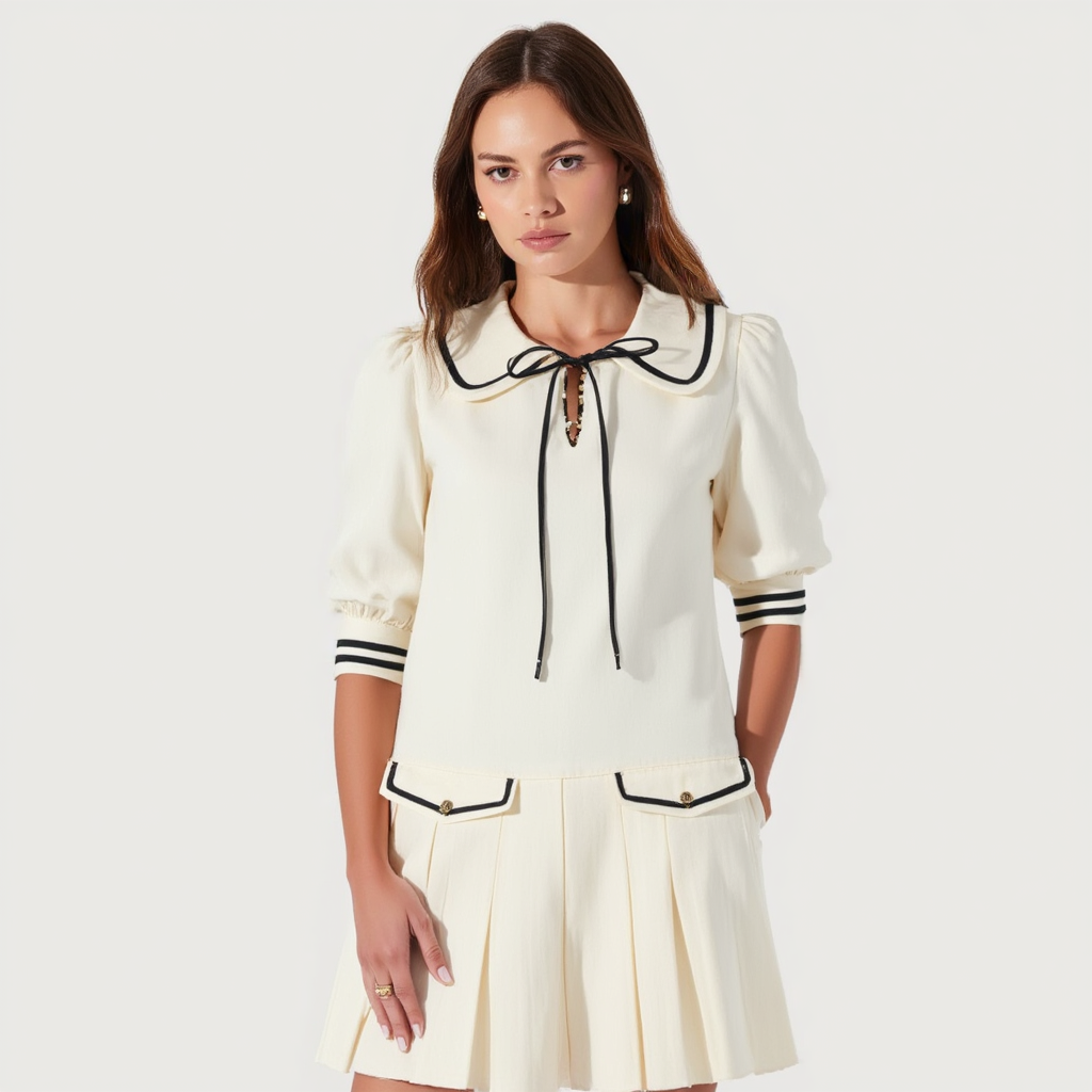 Long-Sleeve Pleated Mini Dress with Contrast Collar and Bow Tie