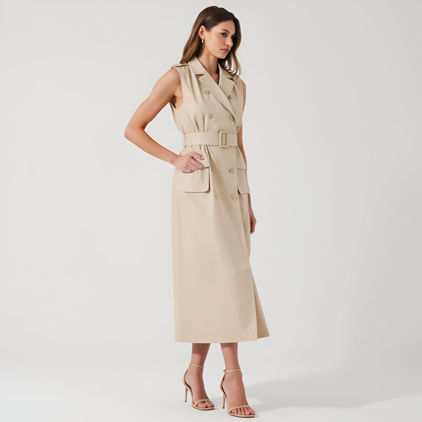 Sleeveless Double-Breasted Maxi Dress with Belt and Flap Pockets