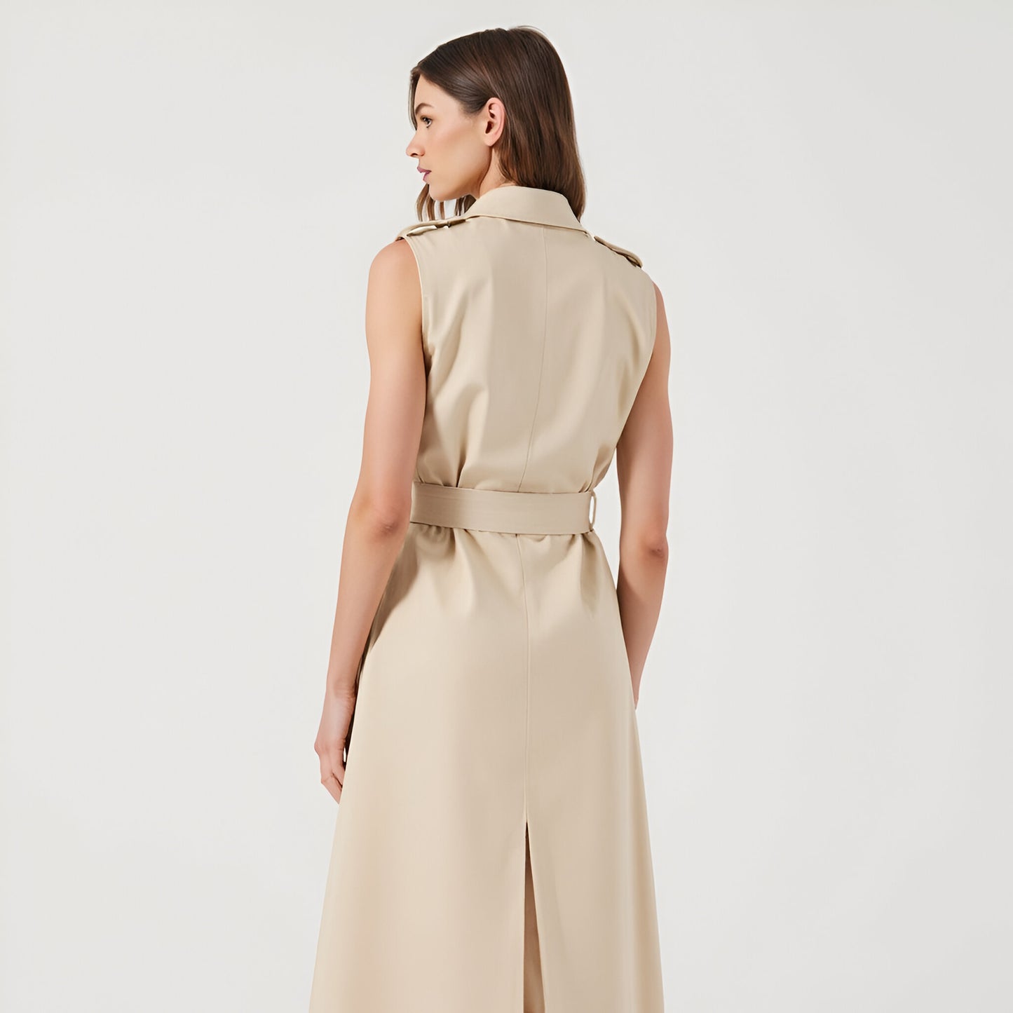 Sleeveless Double-Breasted Maxi Dress with Belt and Flap Pockets