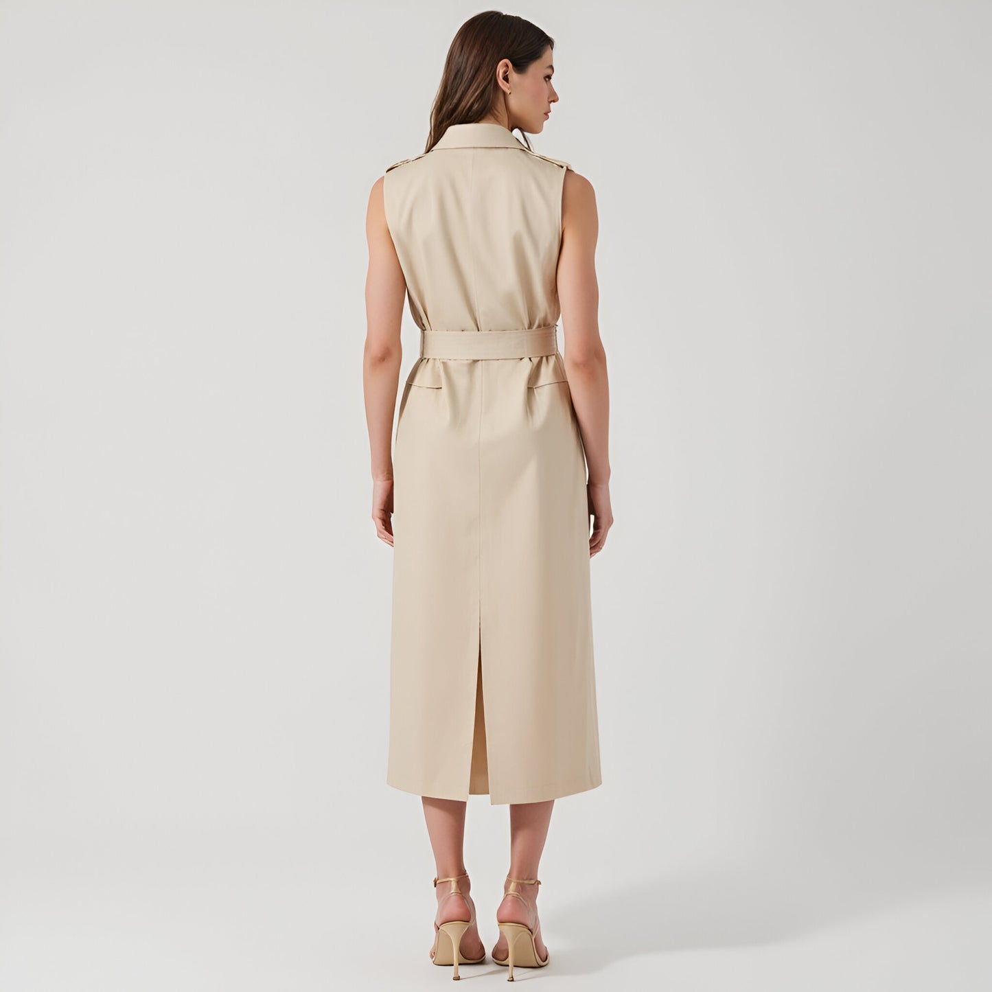 Sleeveless Double-Breasted Maxi Dress with Belt and Flap Pockets