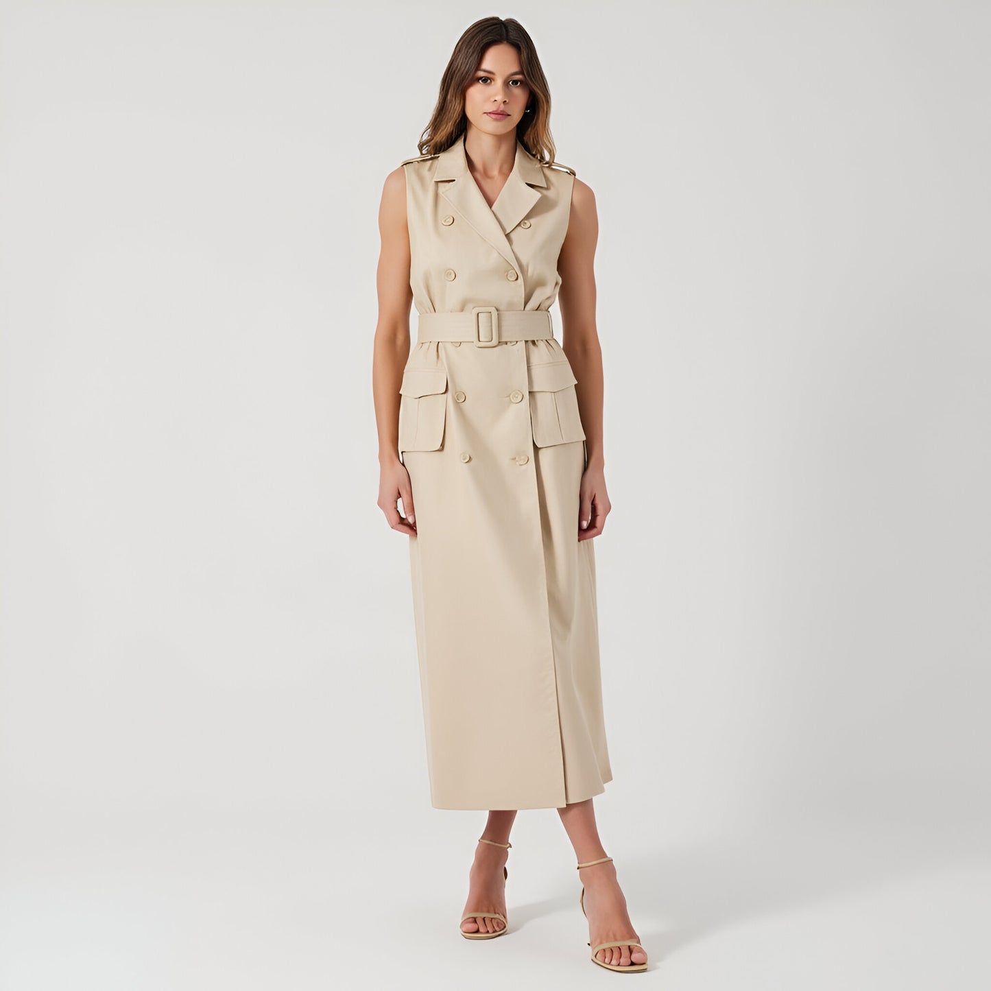 Sleeveless Double-Breasted Maxi Dress with Belt and Flap Pockets