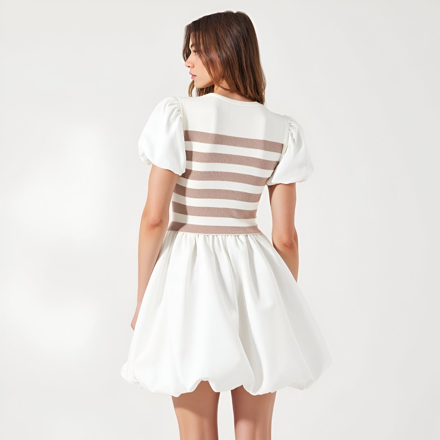 Striped Knit Bodice Puff Sleeve Mini Dress with Bubble Hem