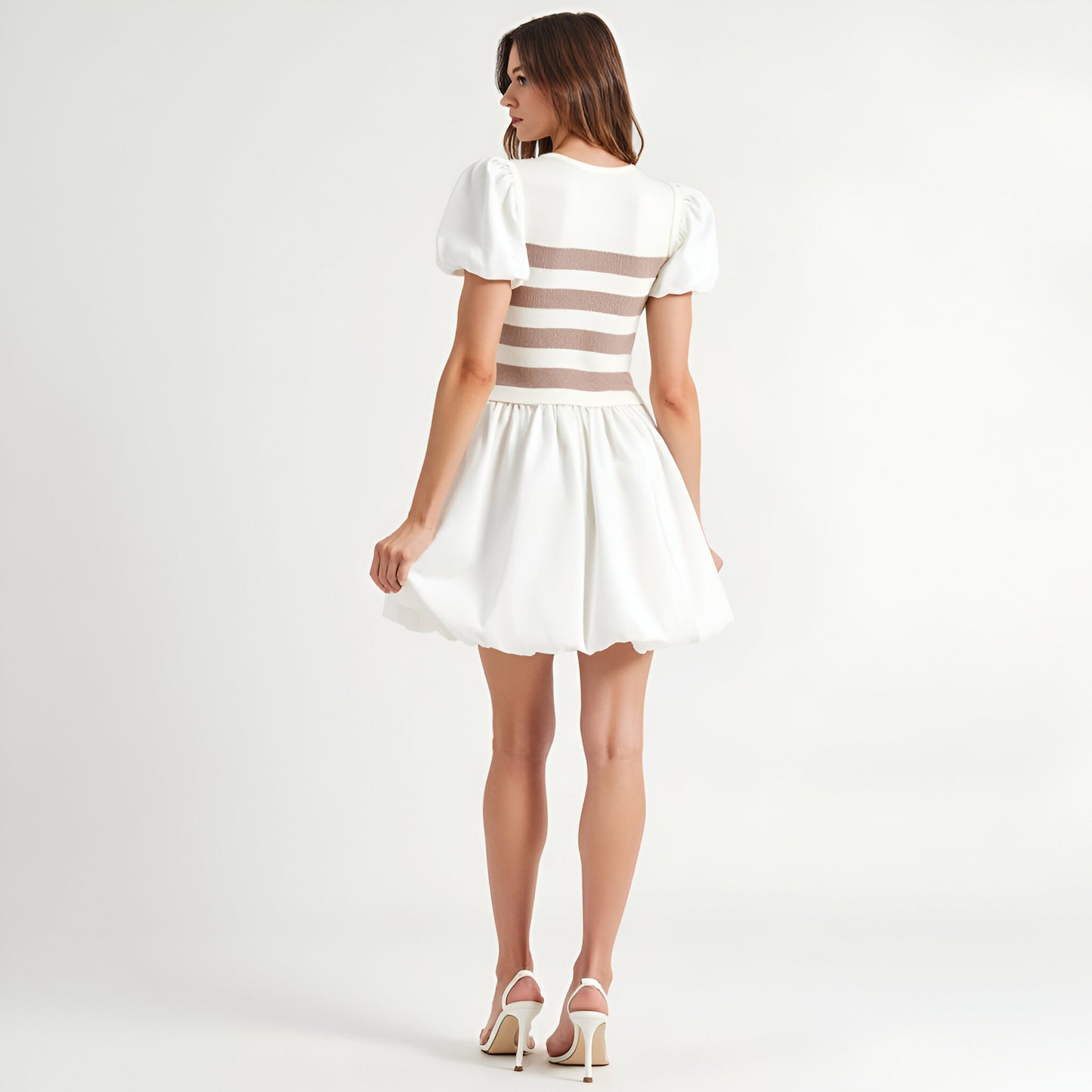 Striped Knit Bodice Puff Sleeve Mini Dress with Bubble Hem
