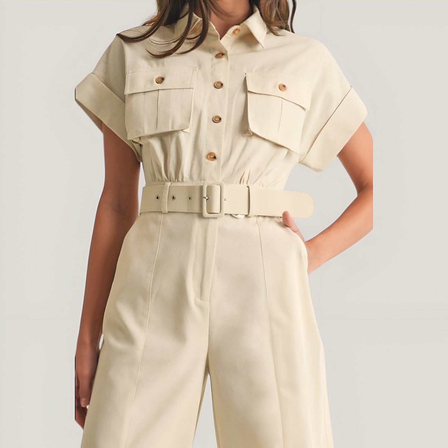 Cotton Blend Collared Jumpsuit with Side Patch Pockets and Removable Belt