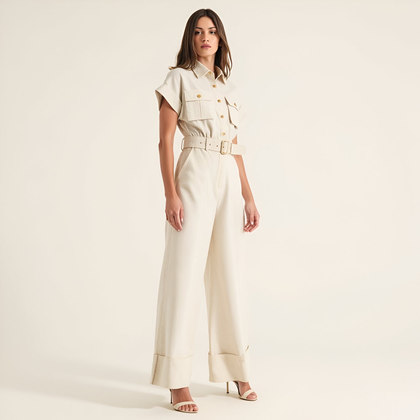 Cotton Blend Collared Jumpsuit with Side Patch Pockets and Removable Belt